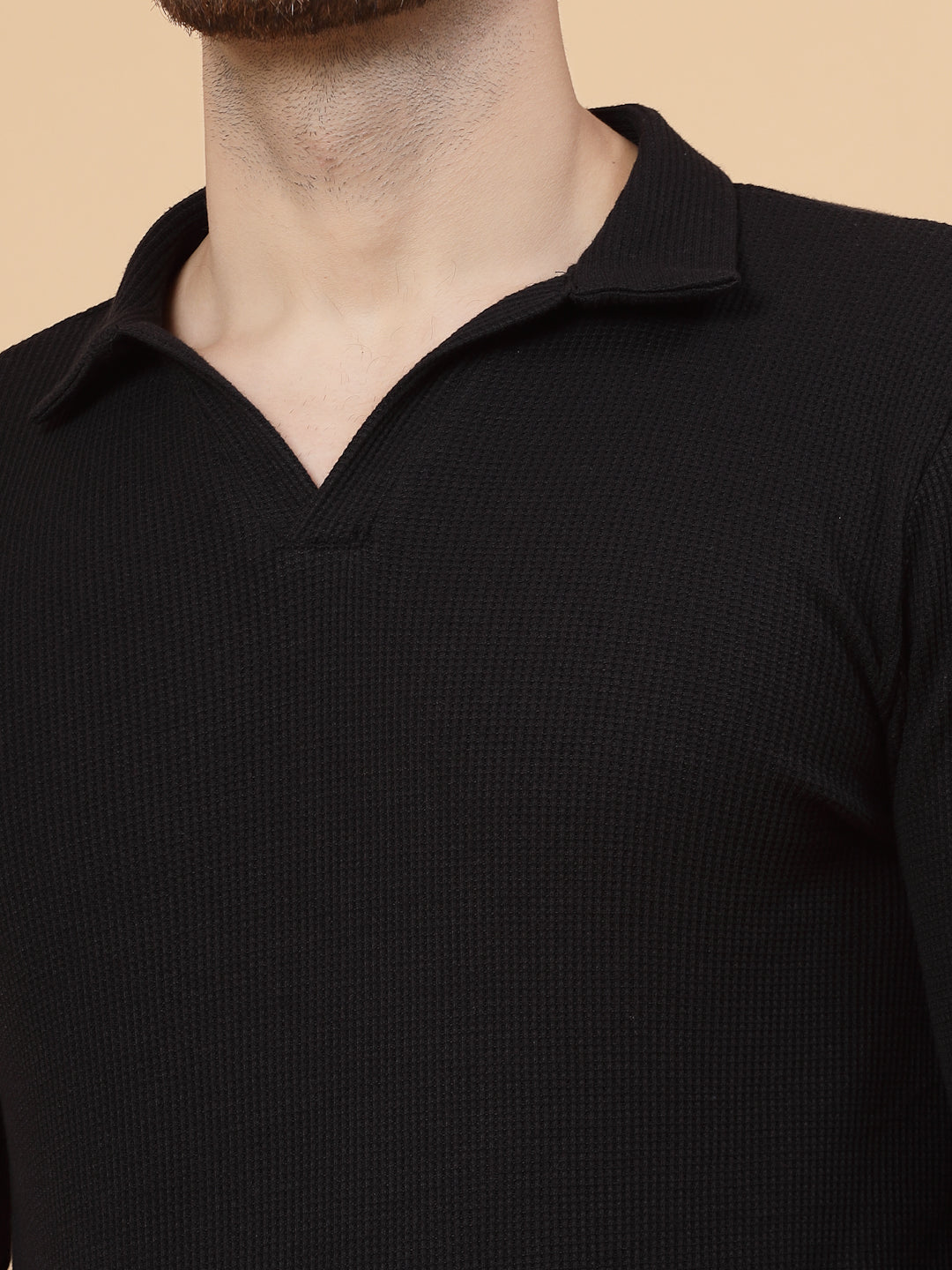 Men Solid Full Sleeves Casual Polo Black T-Shirt