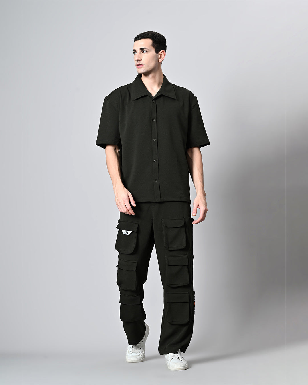 Co-Ord Olive Green Overshirt and Button Set by Offmint - Versatile Casual Elegance
