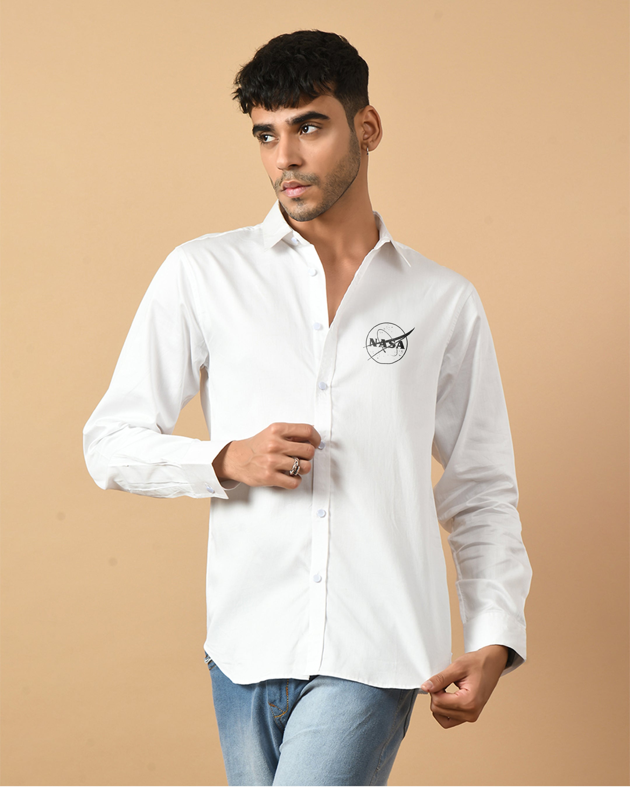 Nasa Printed White ClubWear Shirt By Offmint