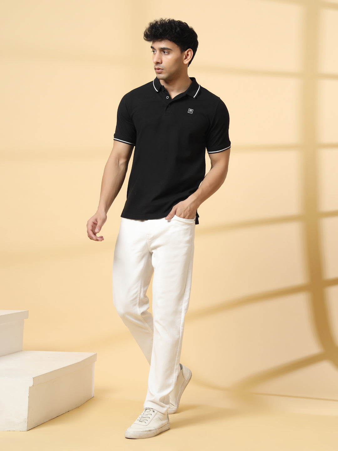 Men Solid Polo Neck Cotton Black T-Shirt