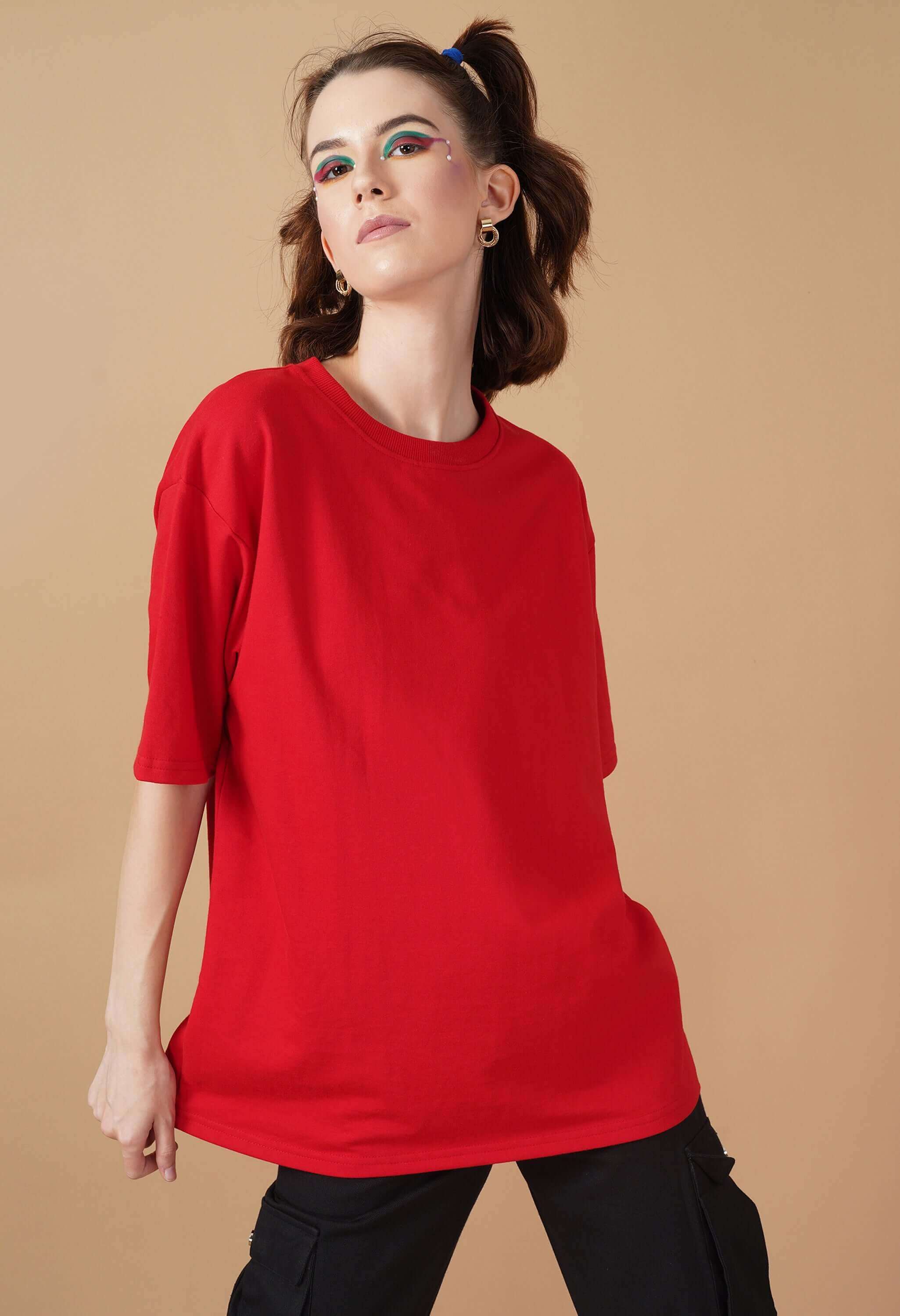 Red color plain oversized t-shirt