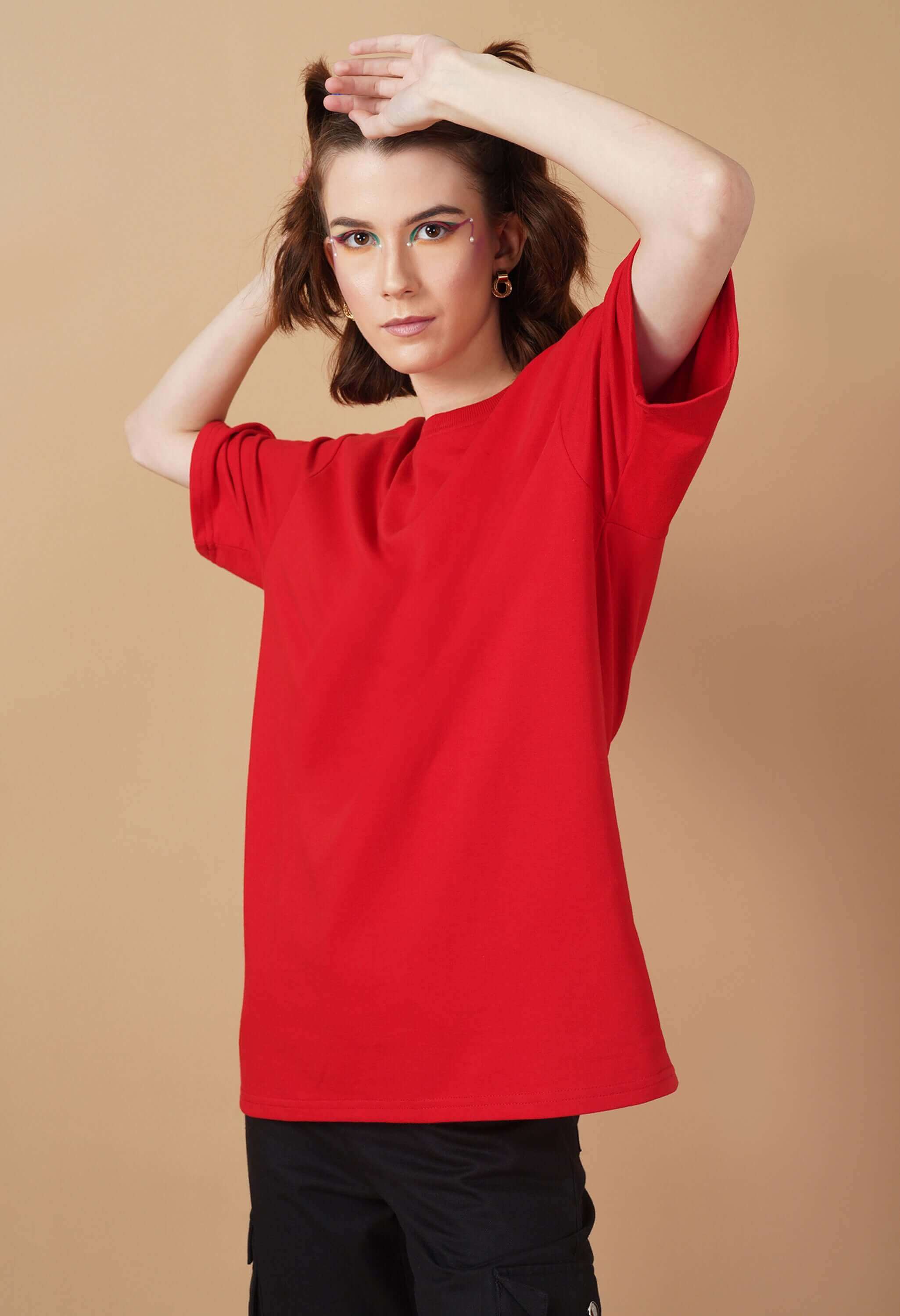 Red plain women's oversized t-shirt by offmint