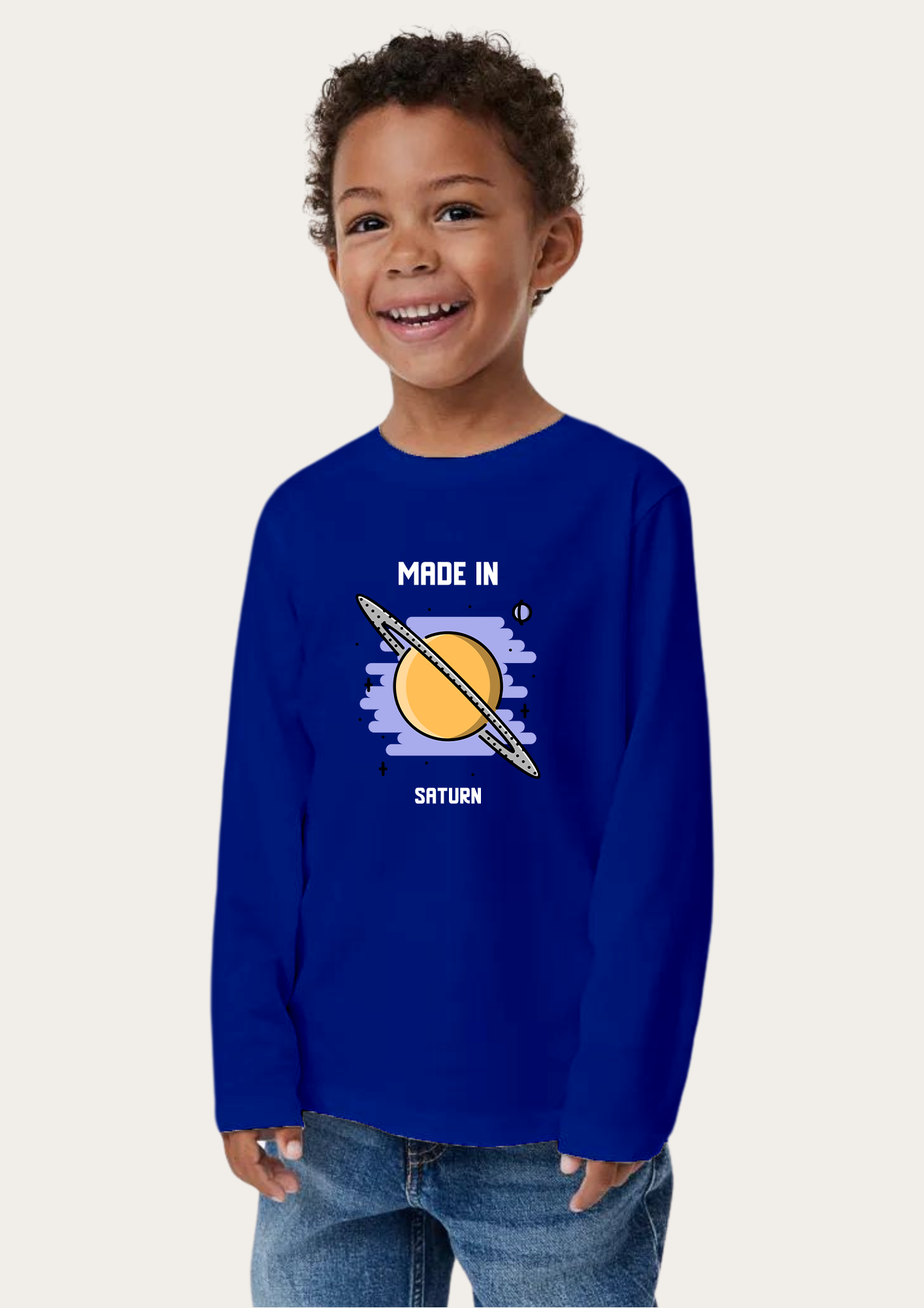 Saturn Printed Royal Blue Full Sleeves Kids T-shirt By Offmint