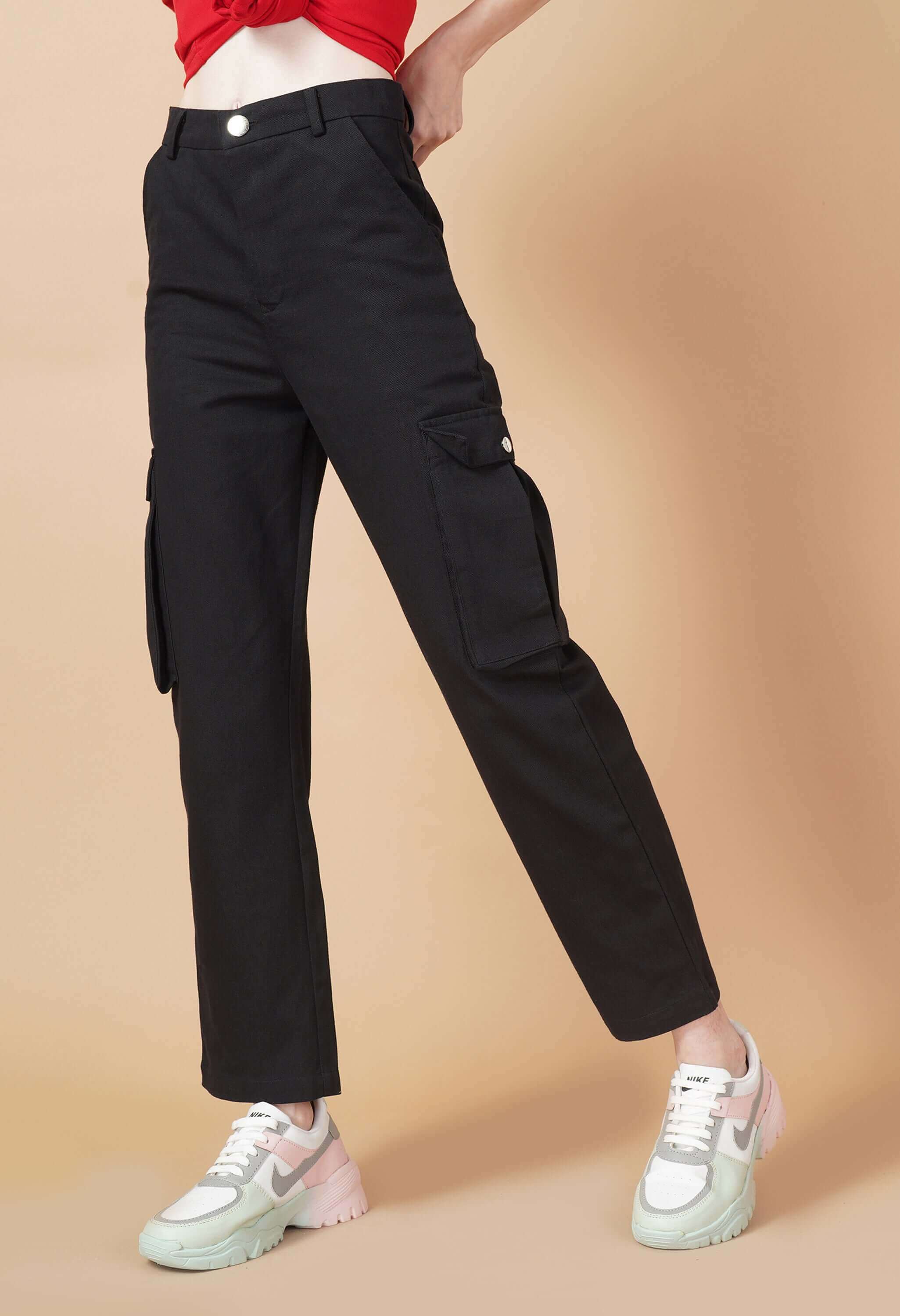 Six pocket black color women's cargo by offmint
