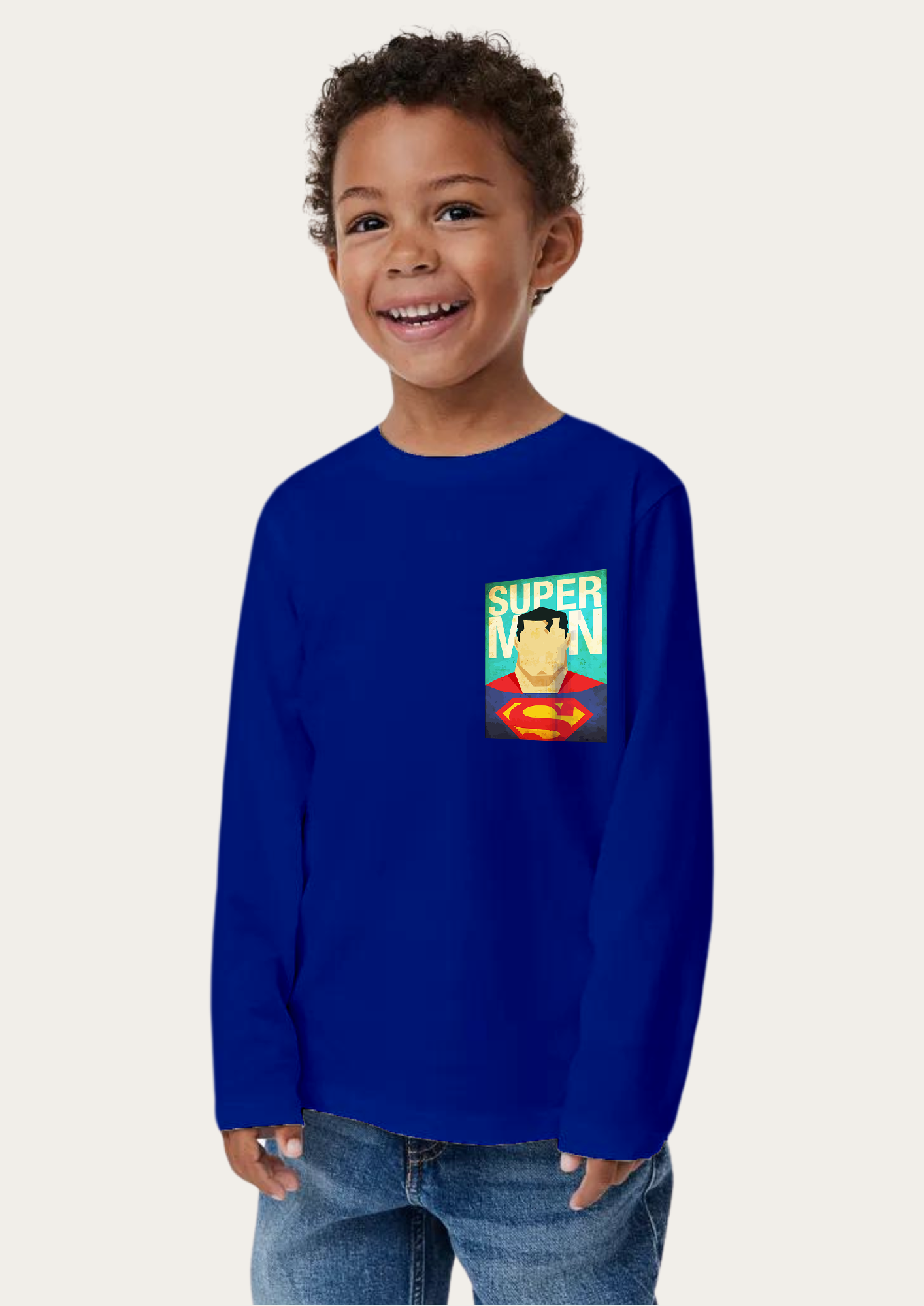 Super Man Printed Royal Blue Full Sleeves Kids T-shirt By Offmint