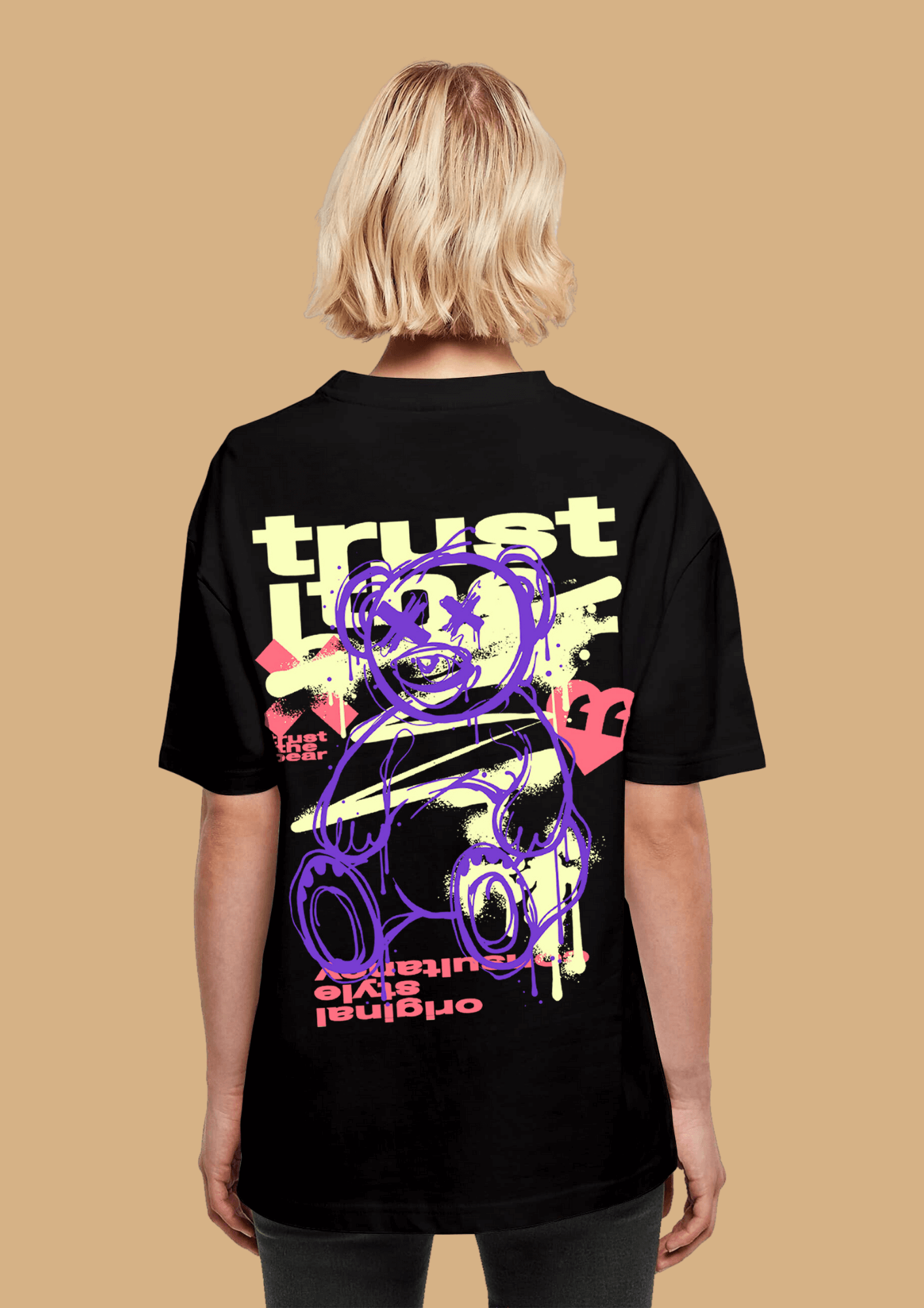 Trust the bear printed black color oversized t-shirt by offmint