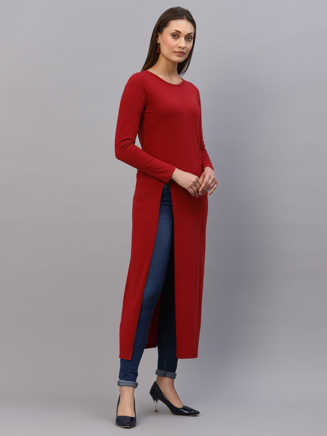 Women Maroon Solid Round Neck Longline Regular Fit Top