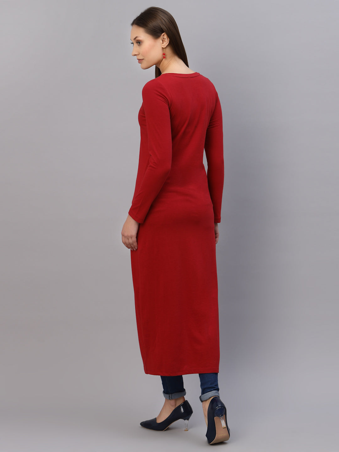 Women Maroon Solid Round Neck Longline Regular Fit Top