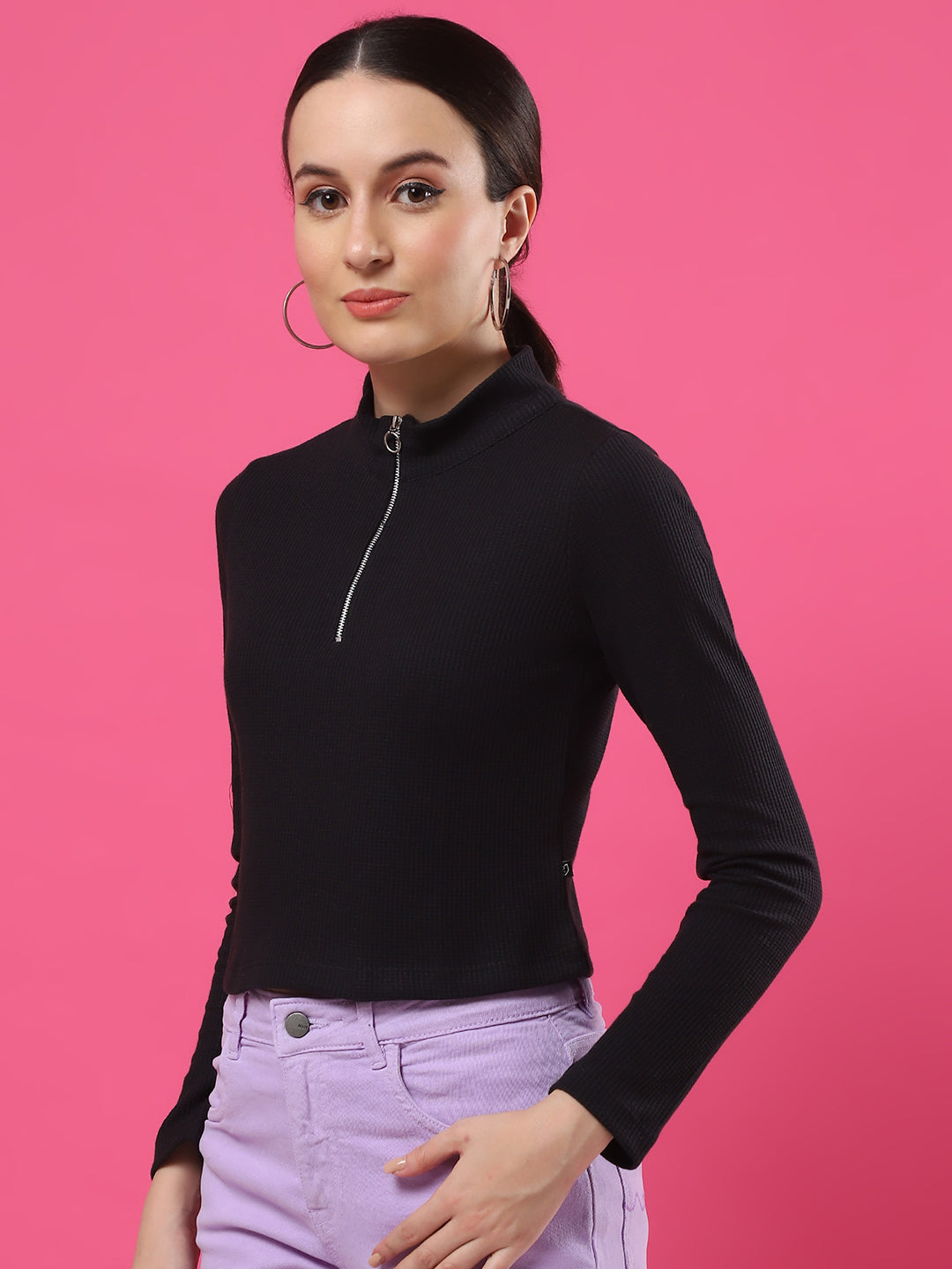 Women Textured Black Zipper Mock Neck Crop Top