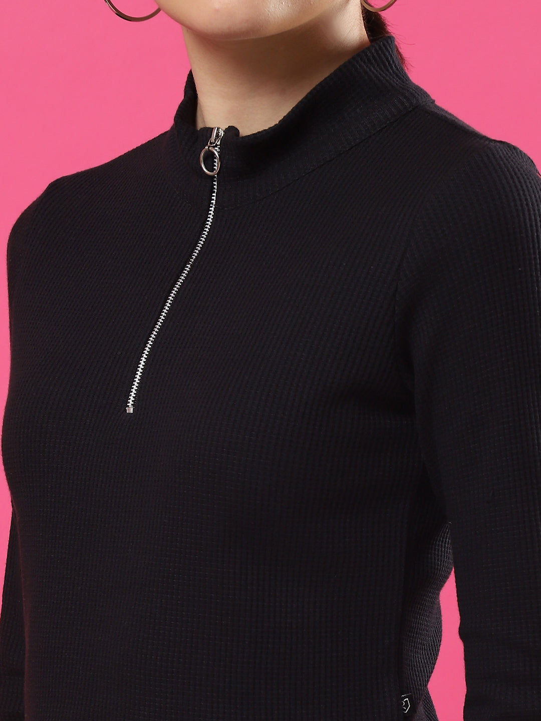 Women Textured Black Zipper Mock Neck Crop Top