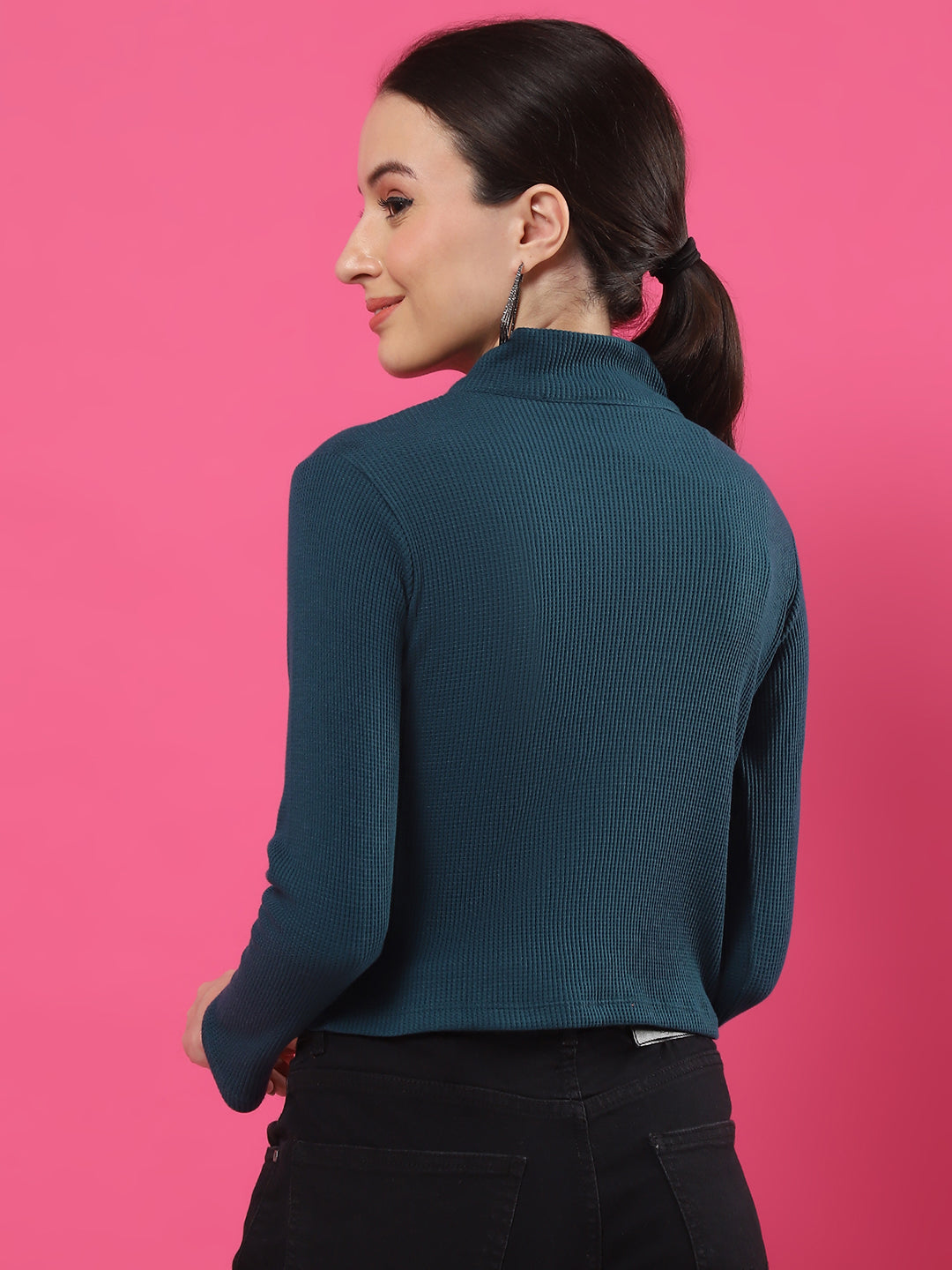 Women Textured Teal Green Zipper Mock Neck Crop Top