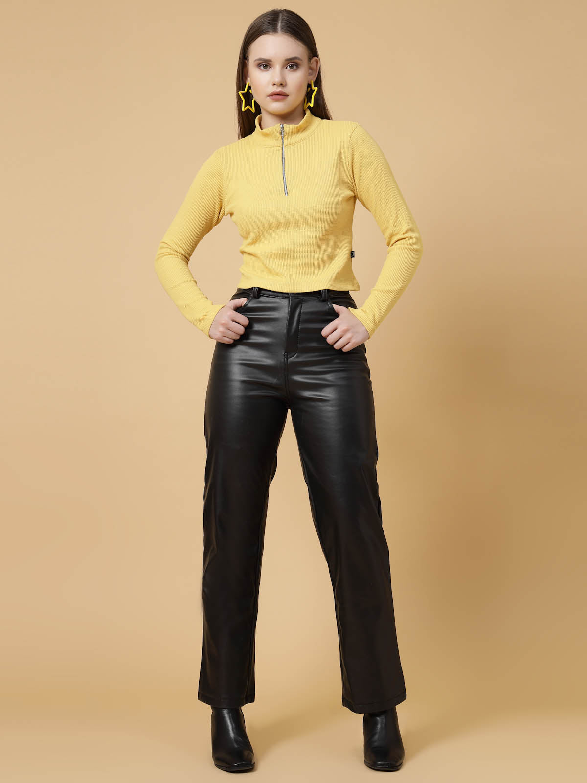 Women Textured Yellow Zipper Mock Neck Crop Top