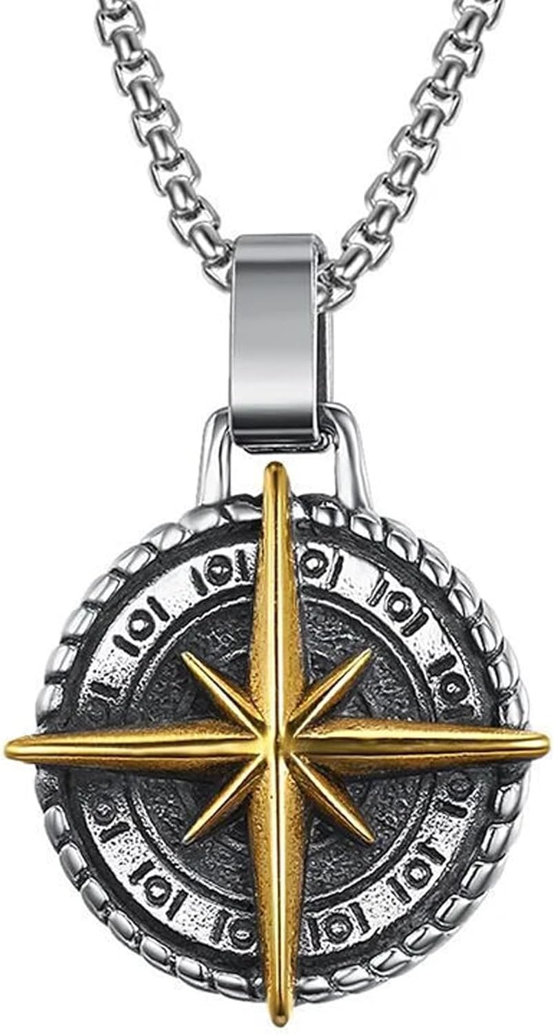 Silver Pleated  Cross Compass Round Pendent With Chain Necklace For Men By Offmint