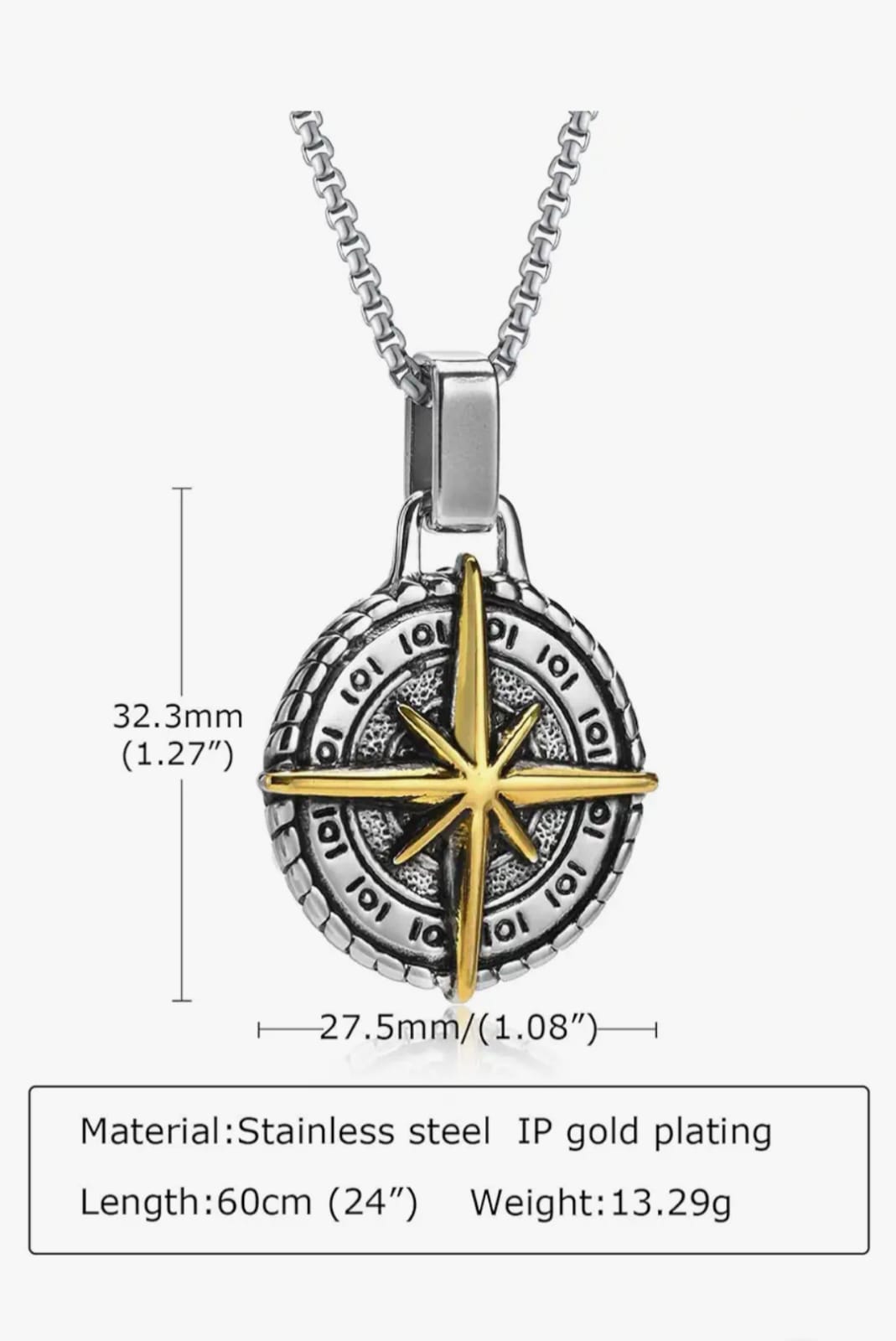 Silver Pleated  Cross Compass Round Pendent With Chain Necklace For Men By Offmint