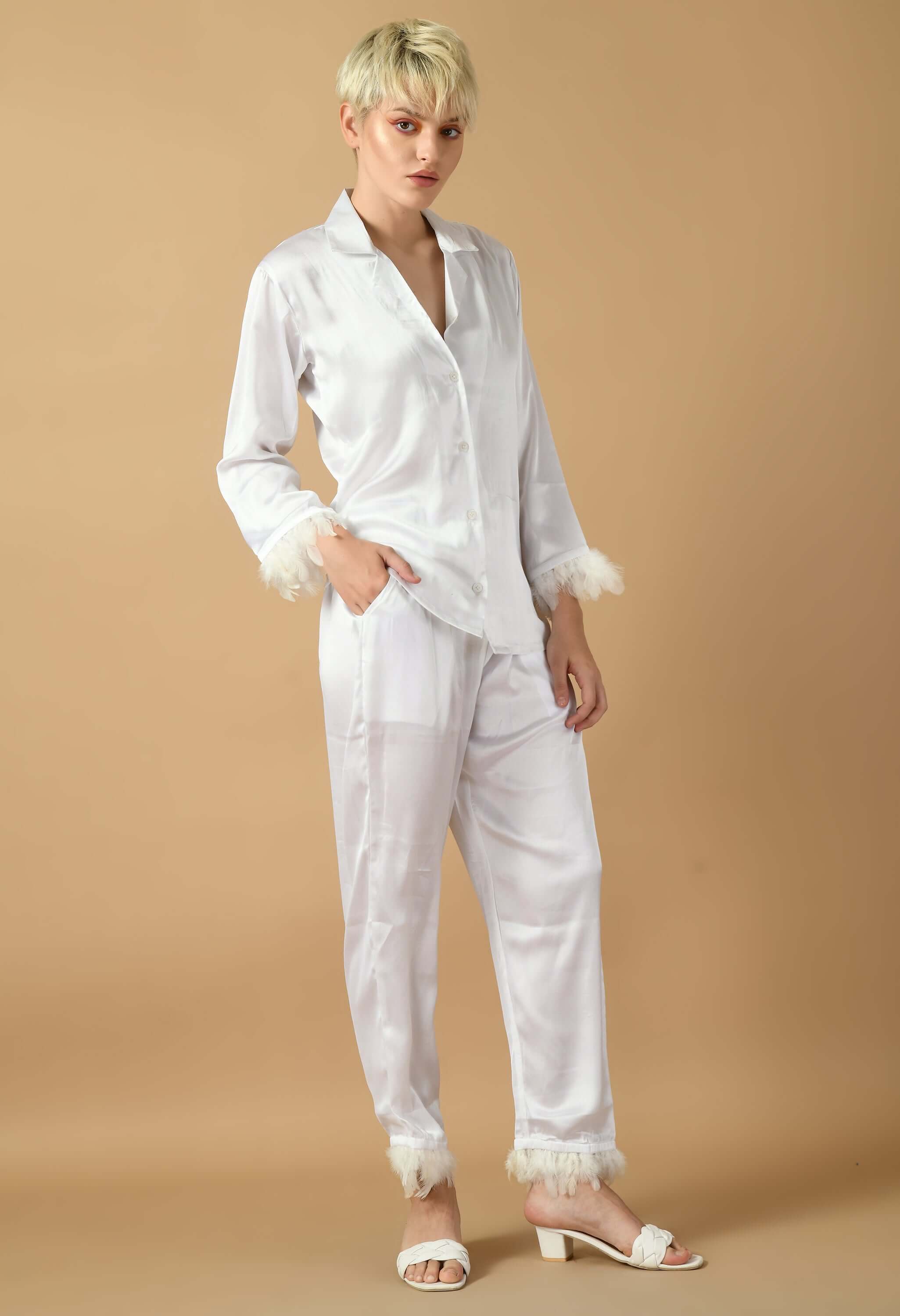 White satin feaher women's co-ord set by offmint