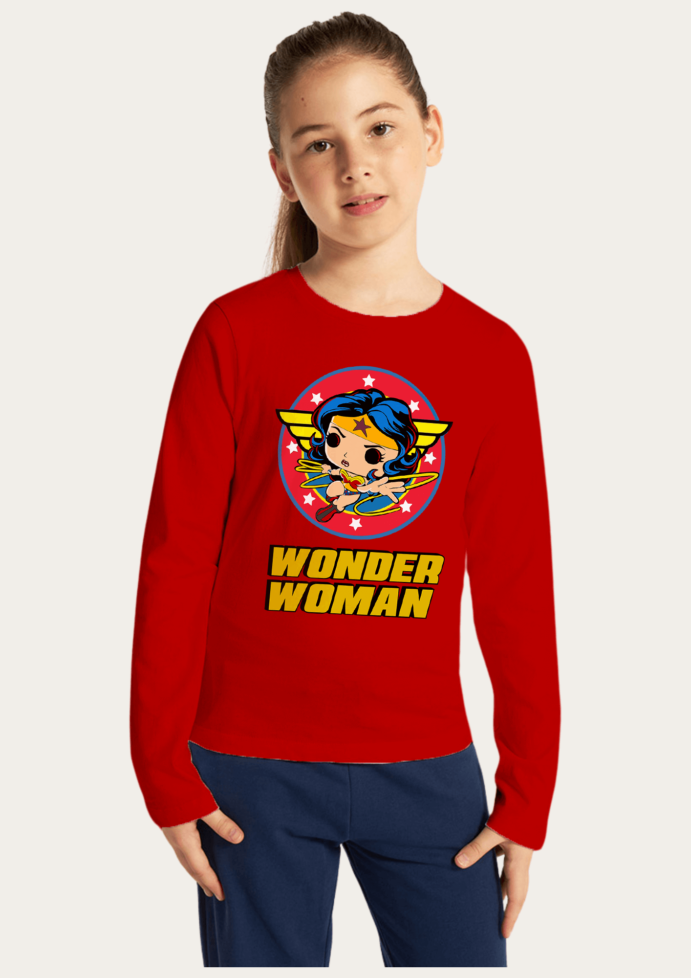 Wonder Women Printed Red Full Sleeves Kids T-shirt By Offmint