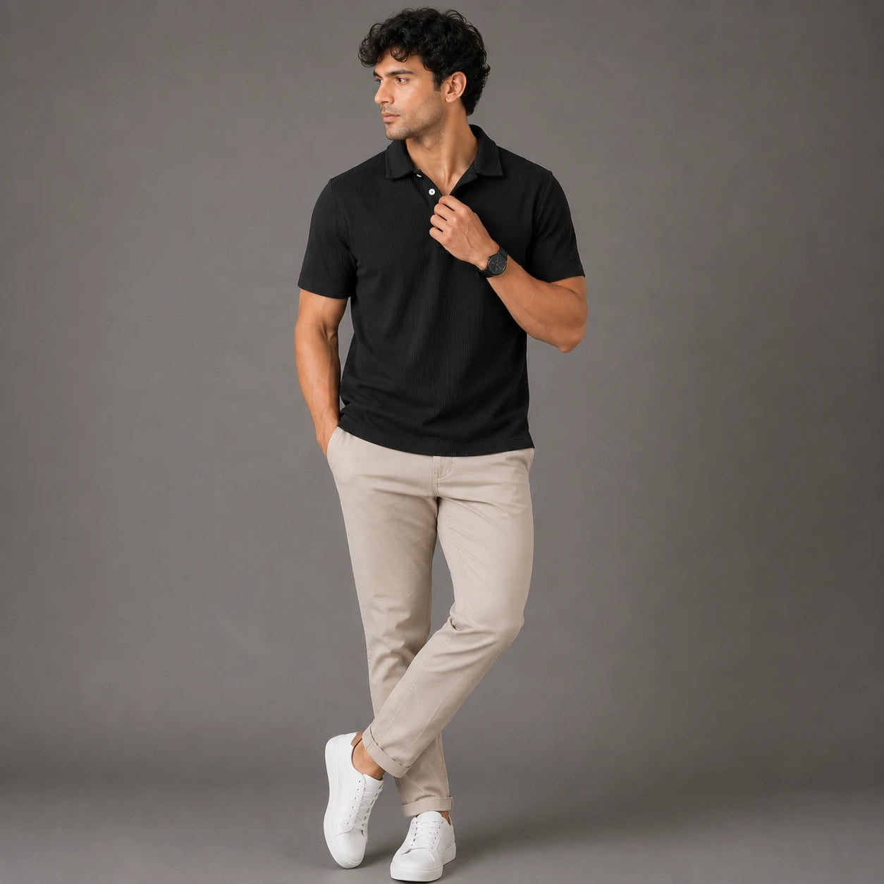 Rigo Mens Black Polycorduroy Polo