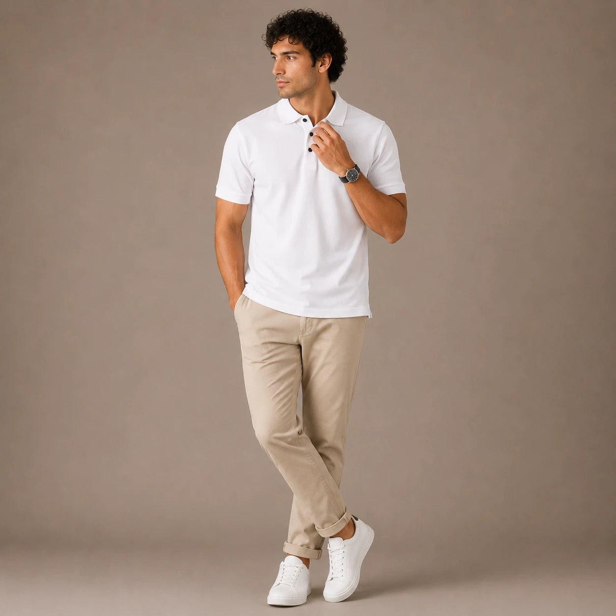 Rigo Mens Solid White Polo With Contrast Buttons
