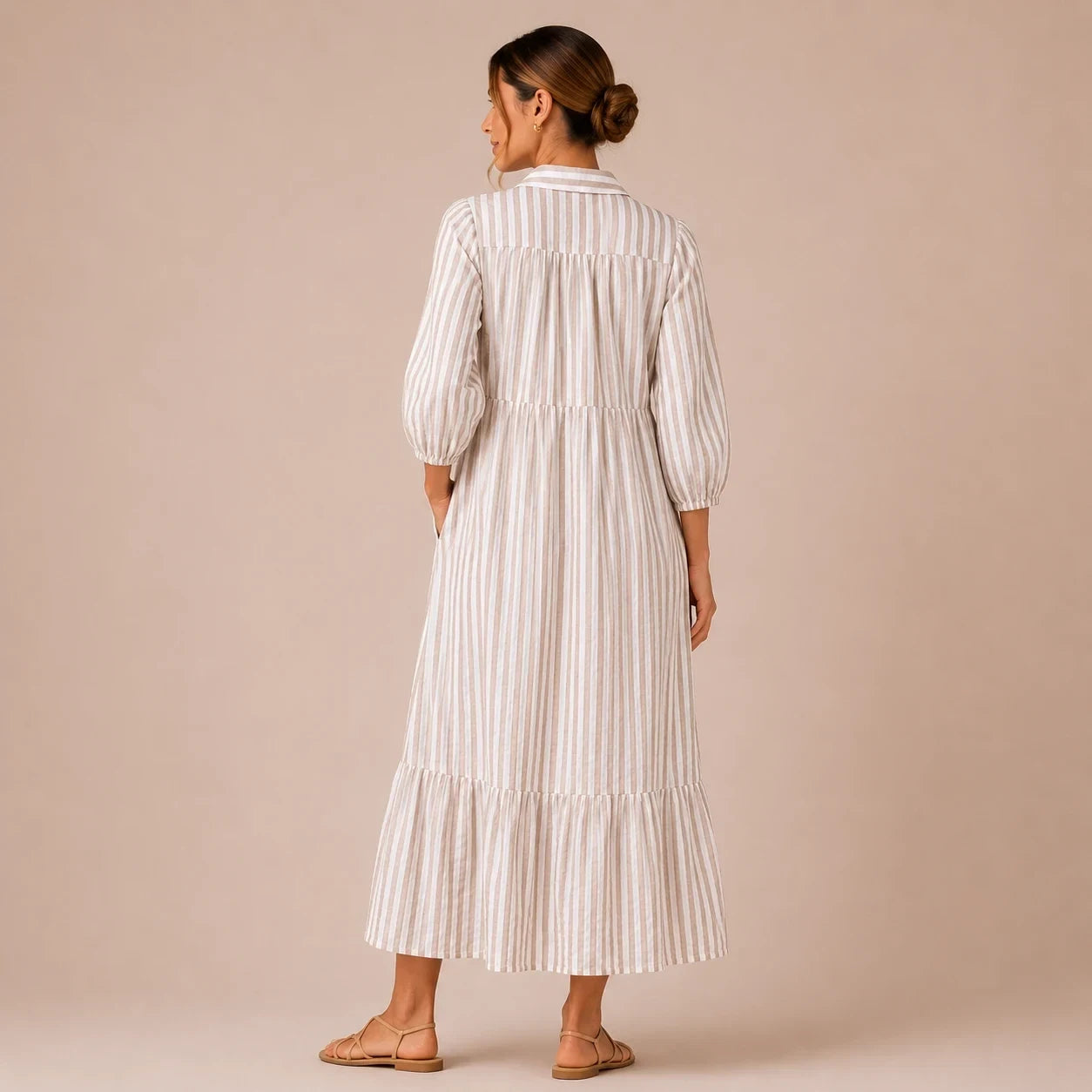 Beige Striped Tiered Shirt Dress