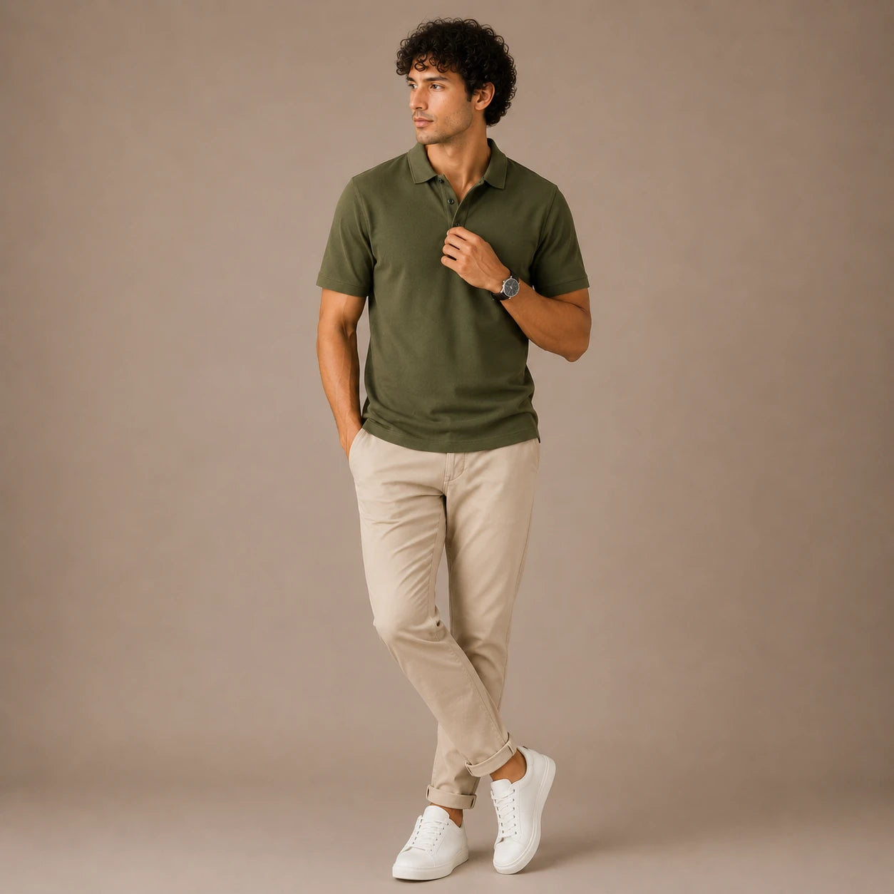 Rigo Mens Solid Army Green Polo With Contrast Buttons
