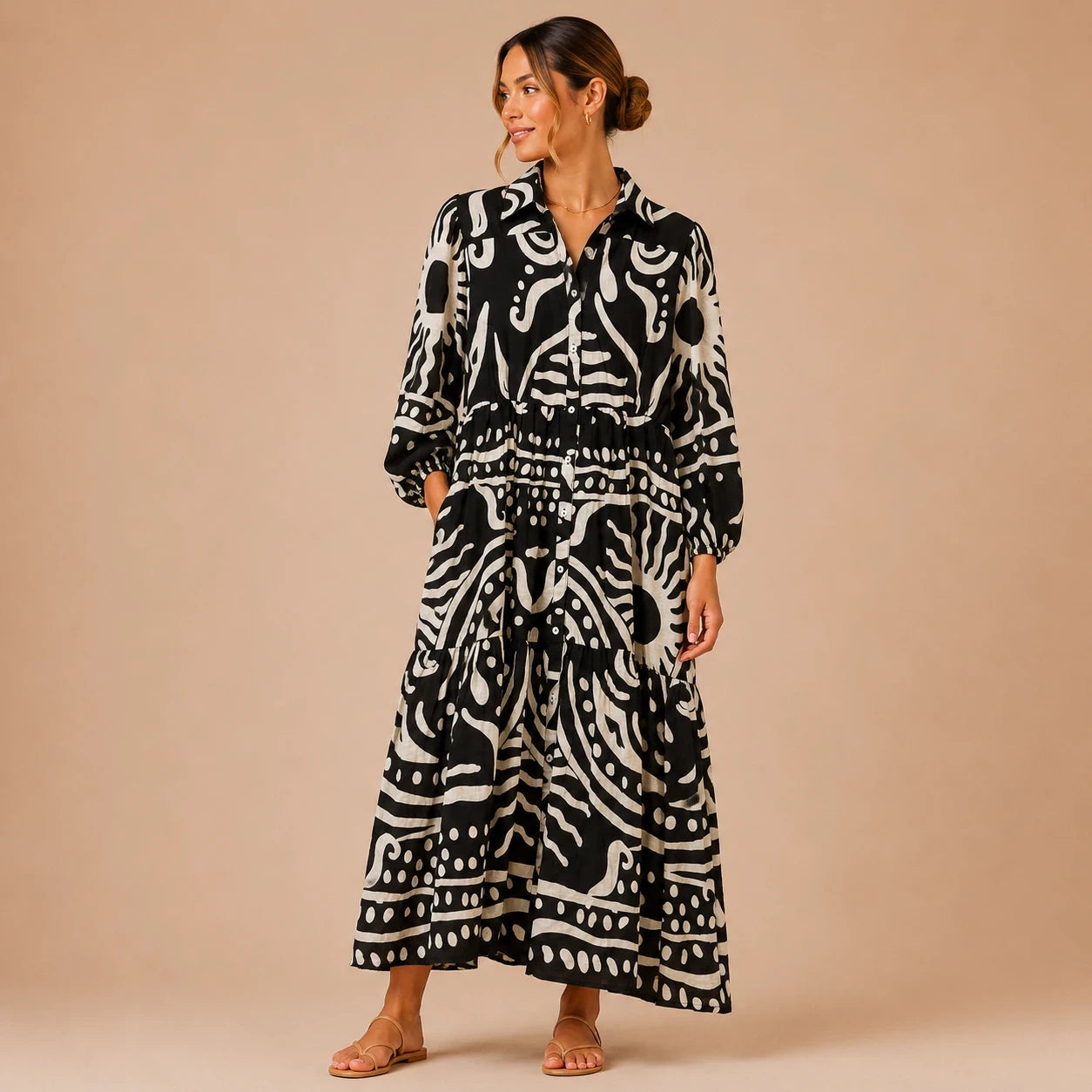 Monochrome Muse Printed Maxi Dress
