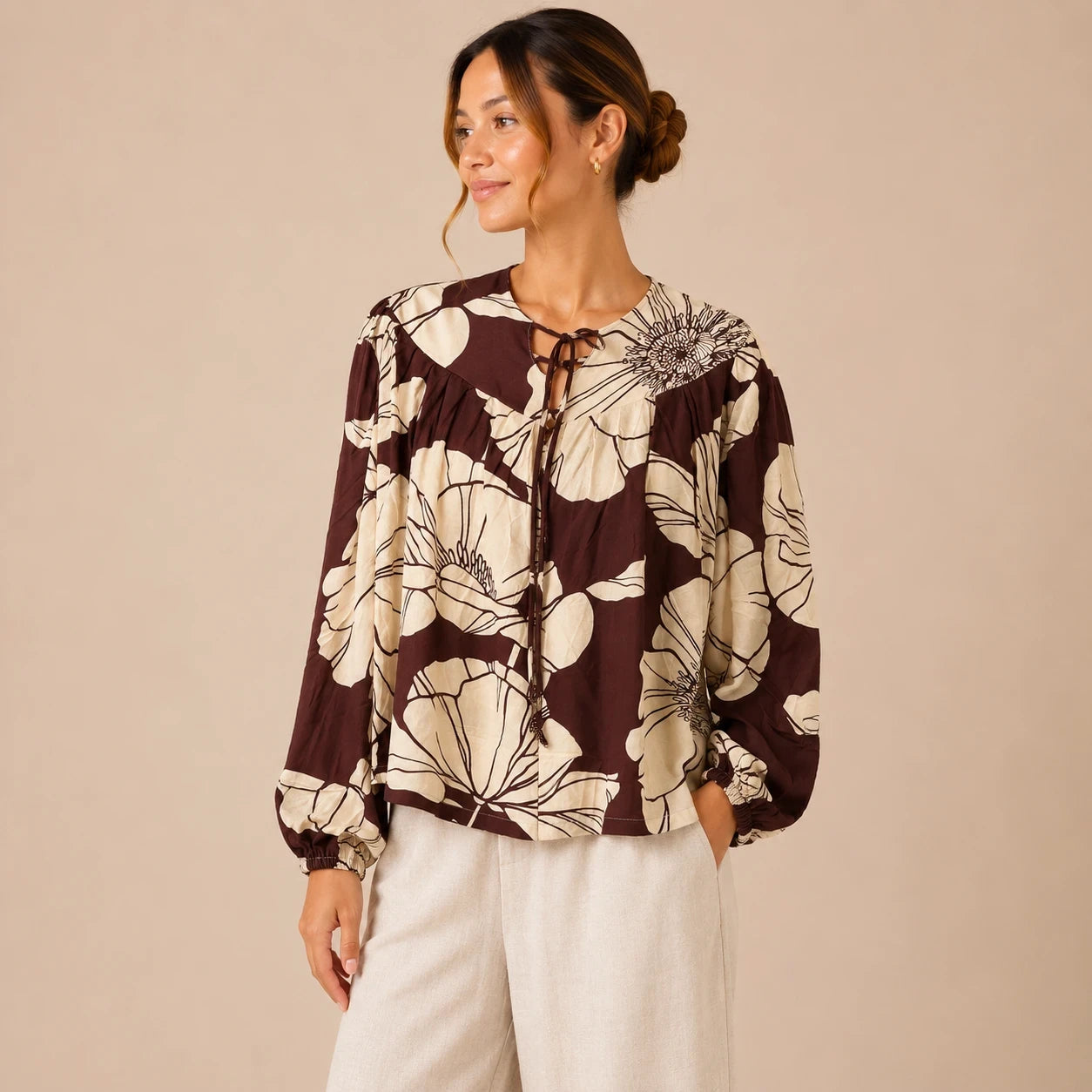 Cocoa Bloom Printed Peasant Top