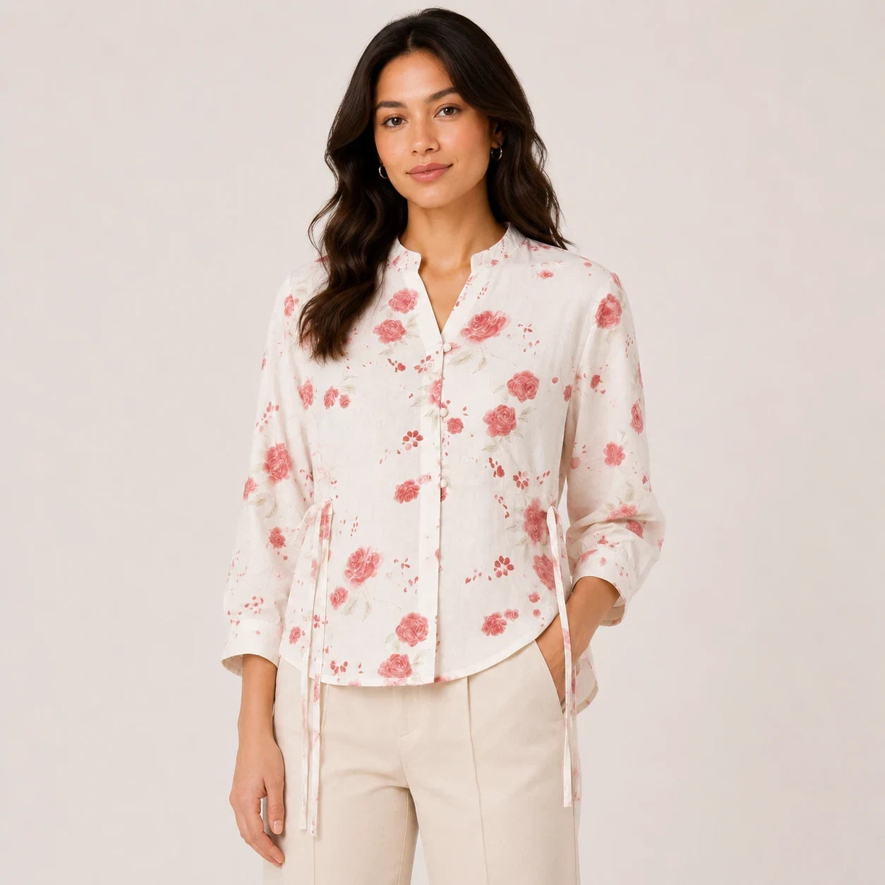 White Floral Tie-Up Top