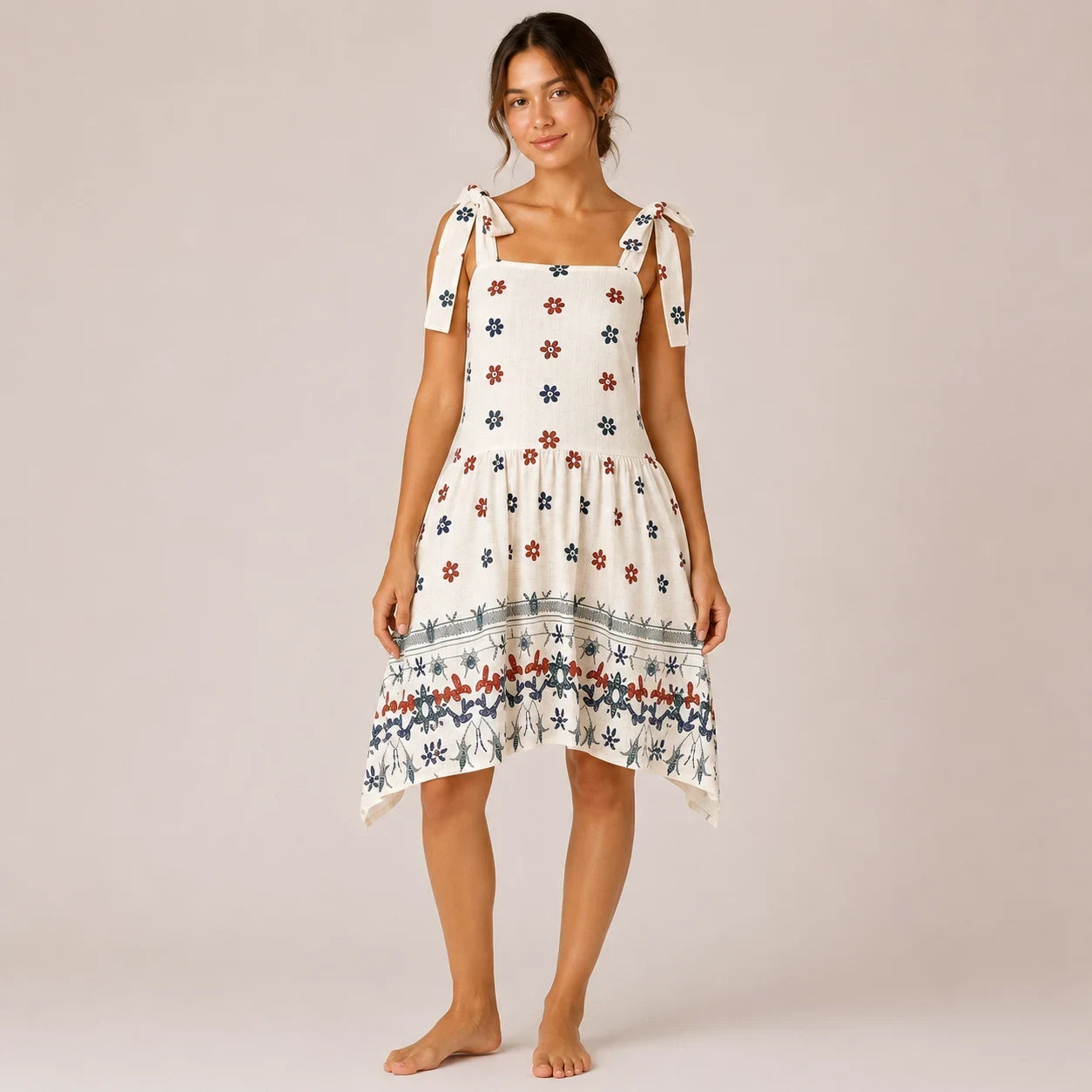 White Floral Tie-Strap Midi Dress