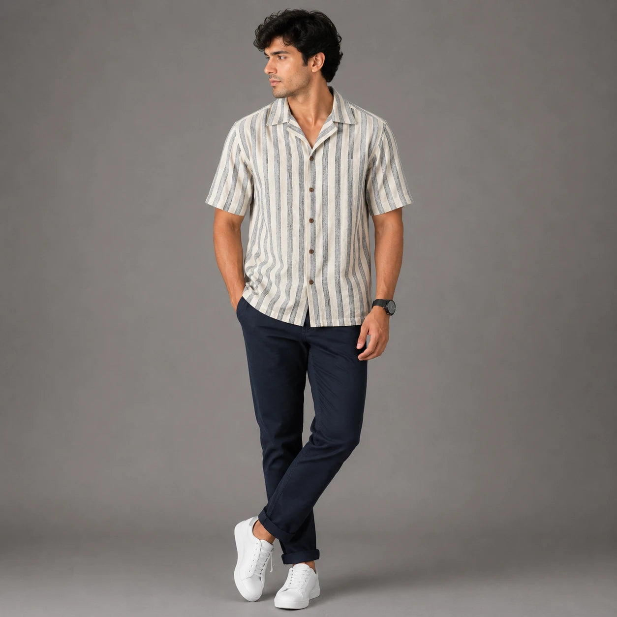 Rigo Mens Sage GreenStripe Half Sleeve Cuban Collar Shirt