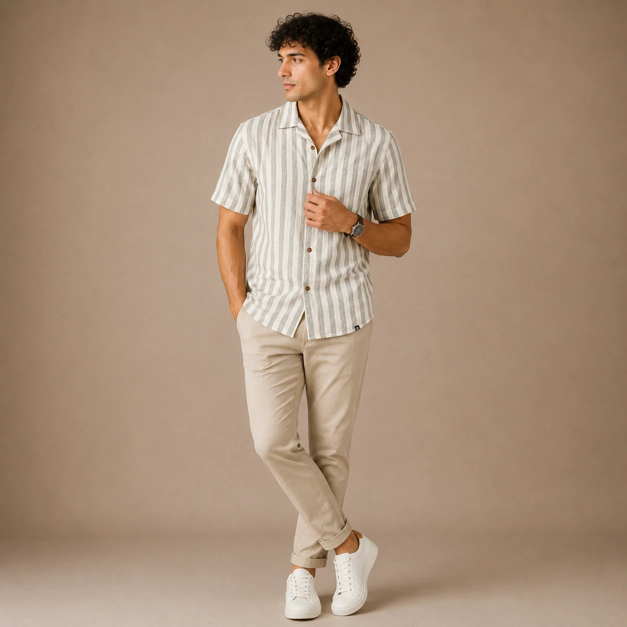 Rigo Mens Sage Grey Stripe Half Sleeve Cuban Collar Shirt