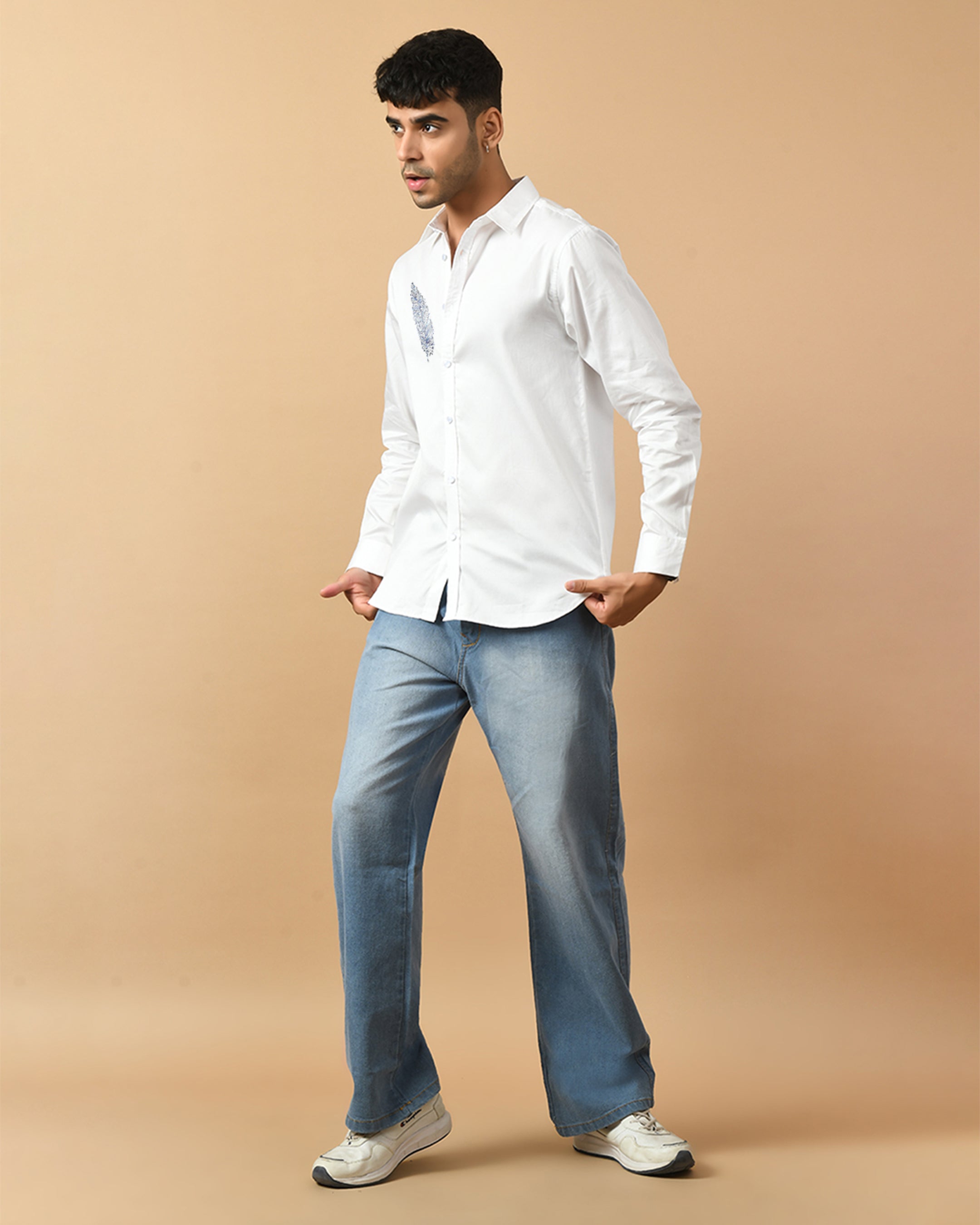 Feather Printed White ClubWear Shirt By Offmint