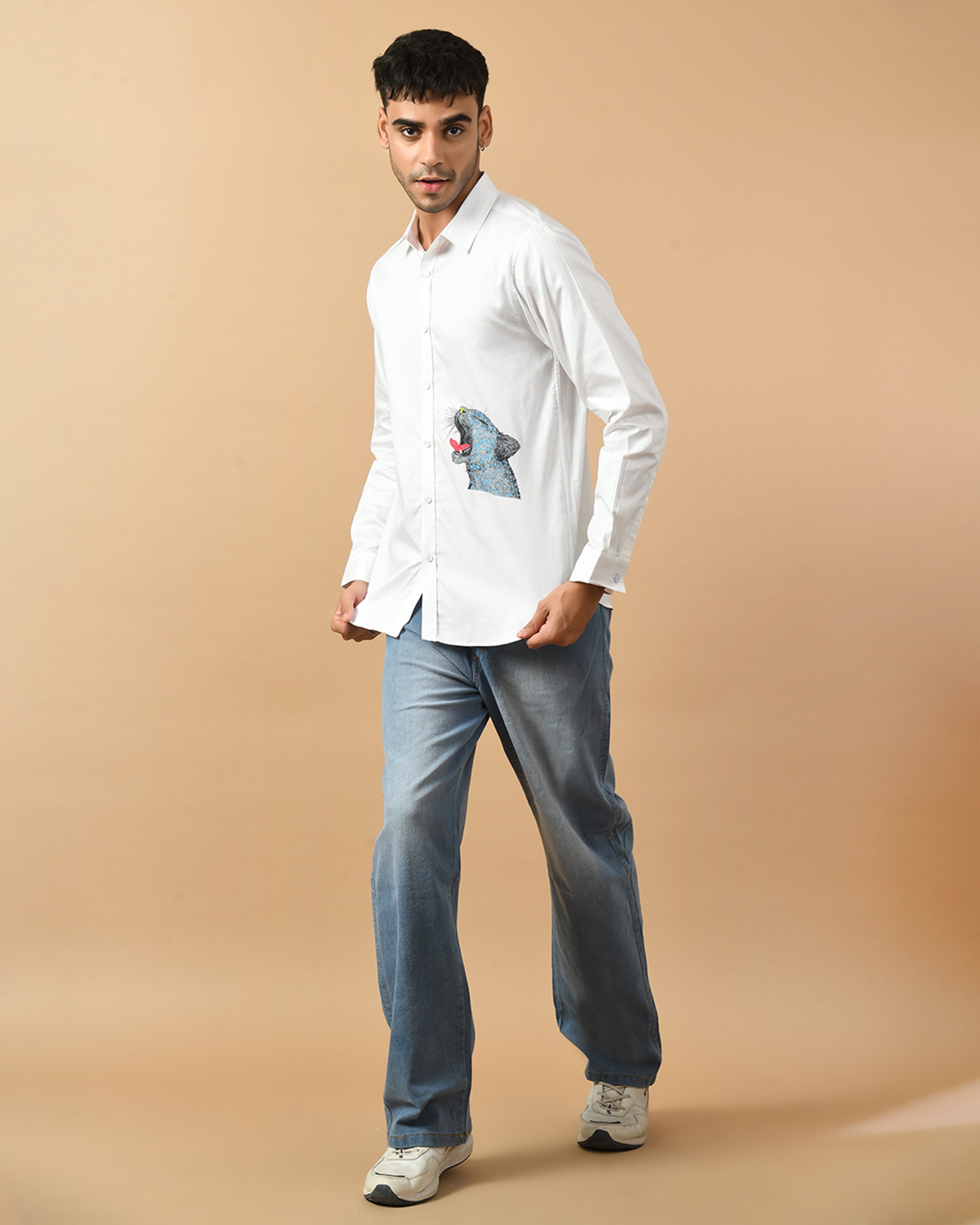 Tiger Face Printed White Shirt By Offmint