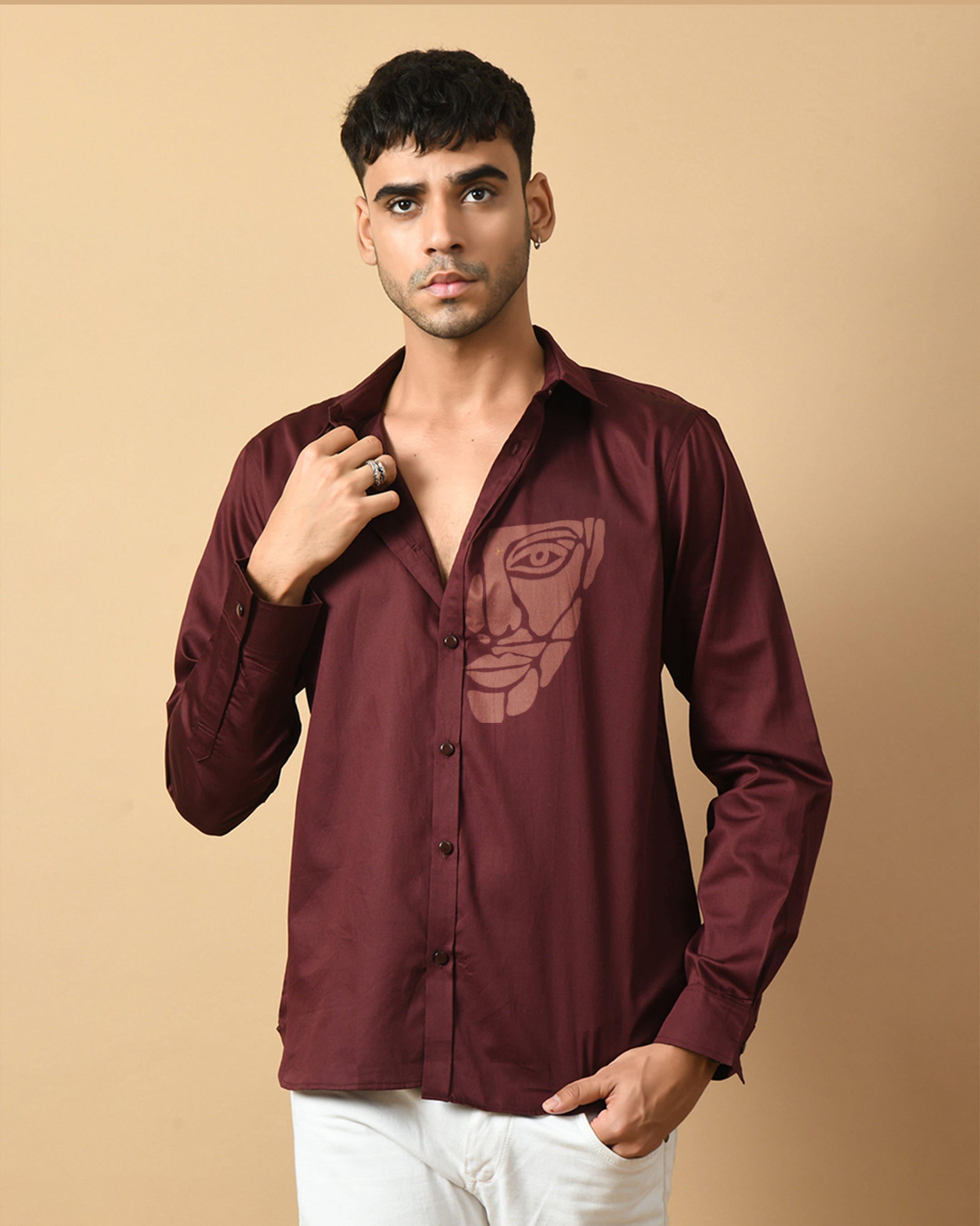 Mosaic Face Printed Maroon ClubWear Shirt By Offmint