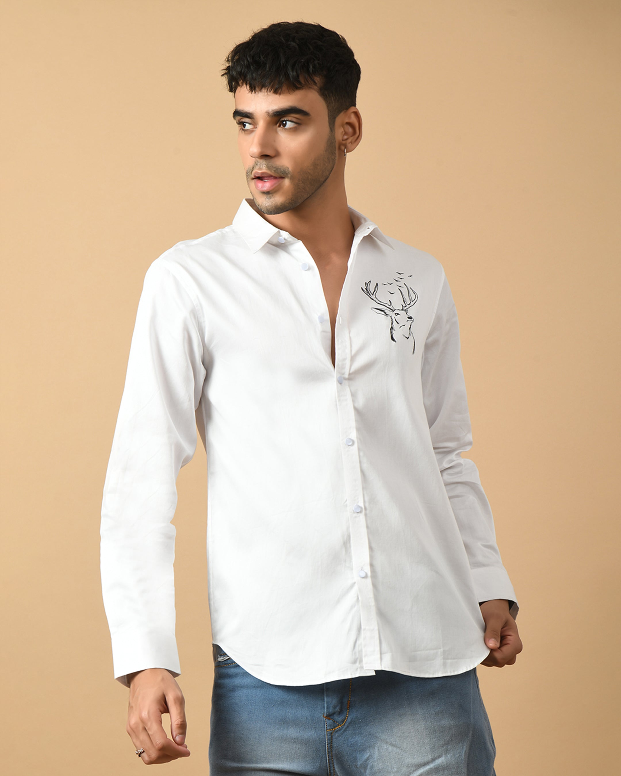 Deer Printed White ClubWear Shirts By Offmint