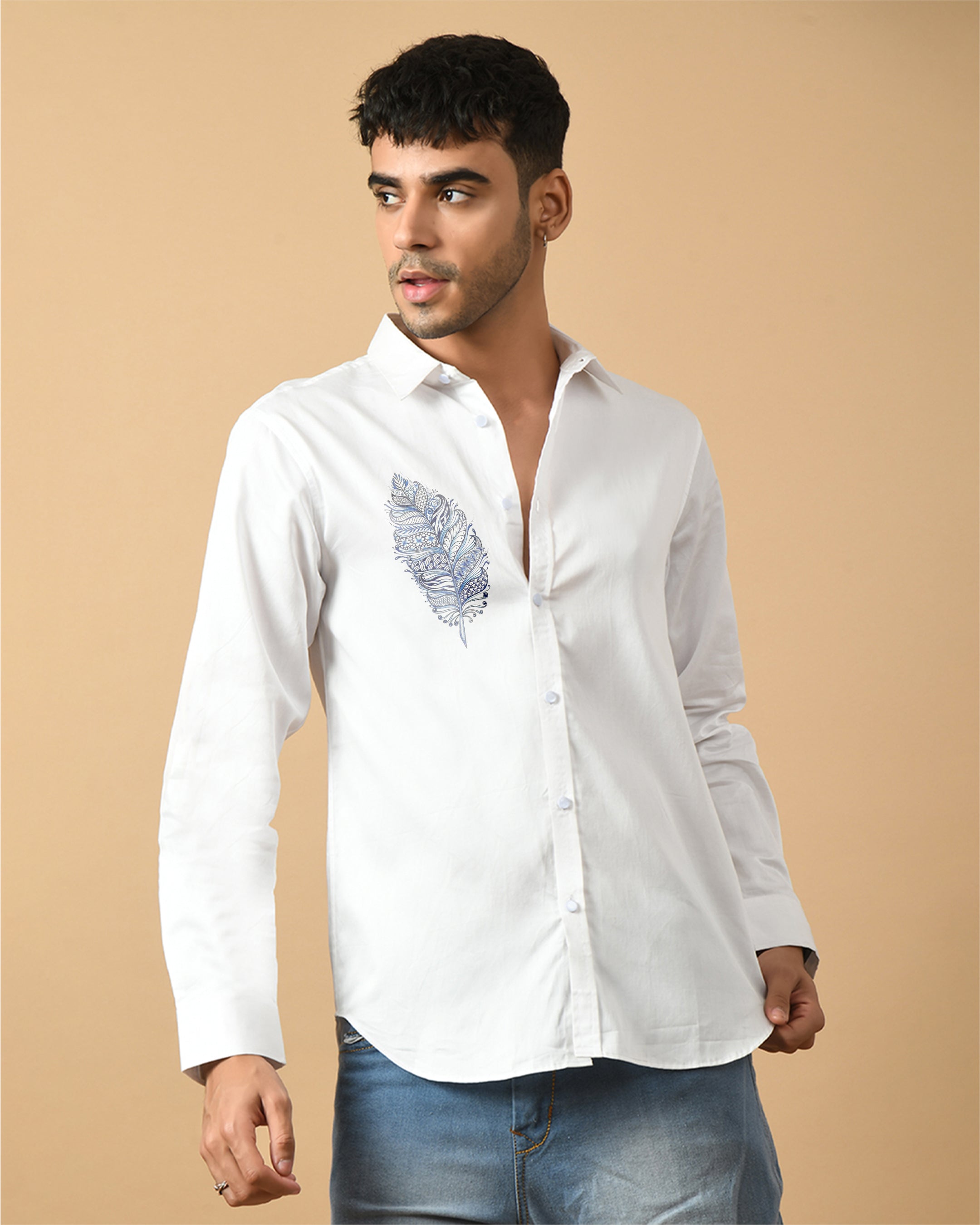Feather Printed White ClubWear Shirt By Offmint