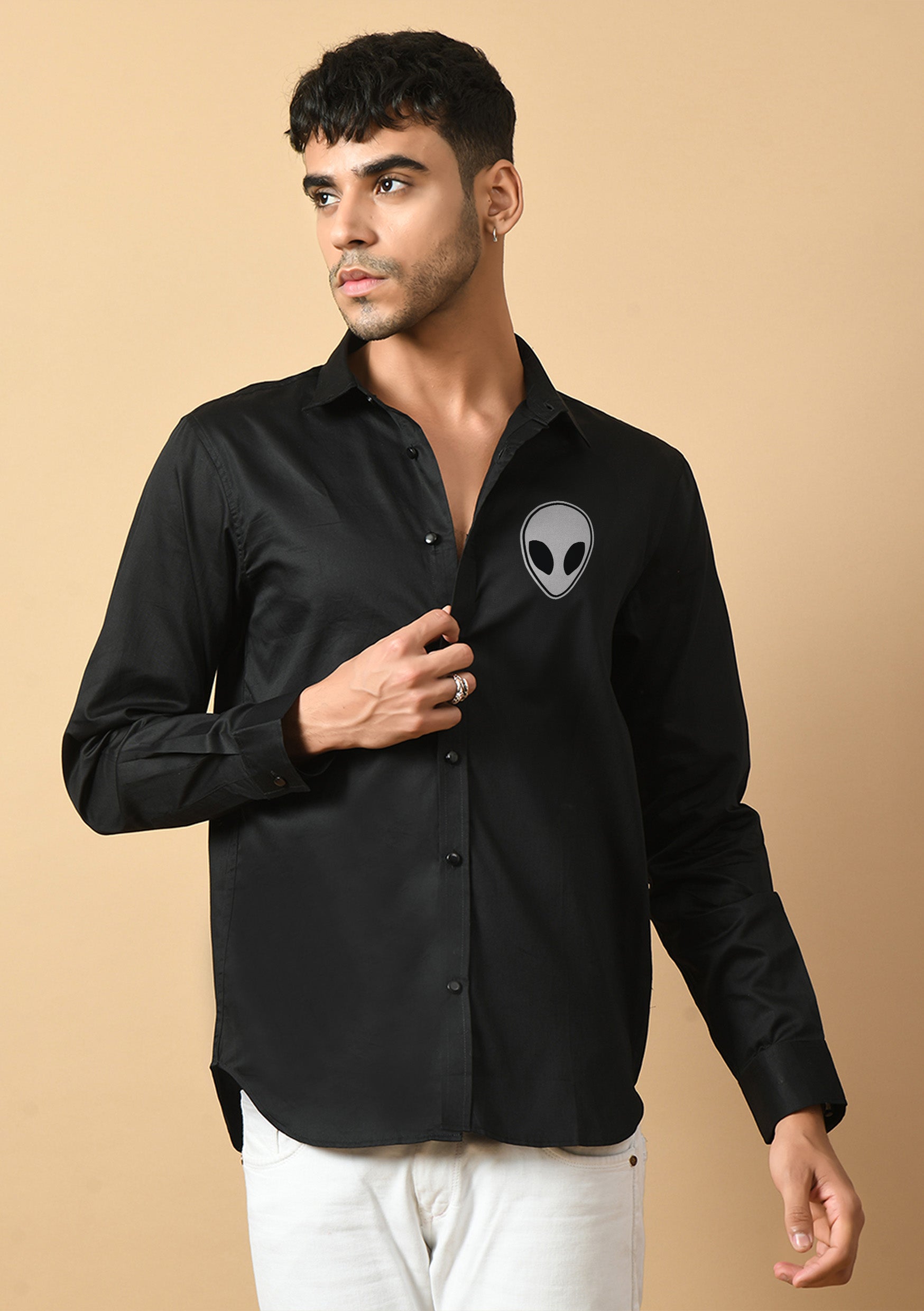 Alien Printed Black  ClubWear Shirt By Offmint