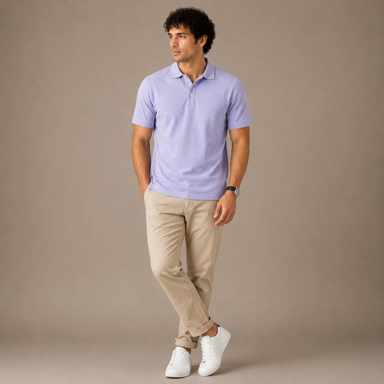 Rigo Mens Solid Light Purple Polo With Contrast Buttons