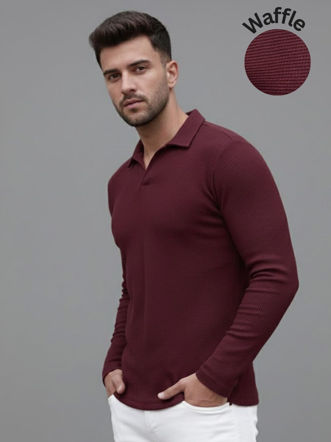 Men Solid Full Sleeves Casual Polo Wine T-Shirt