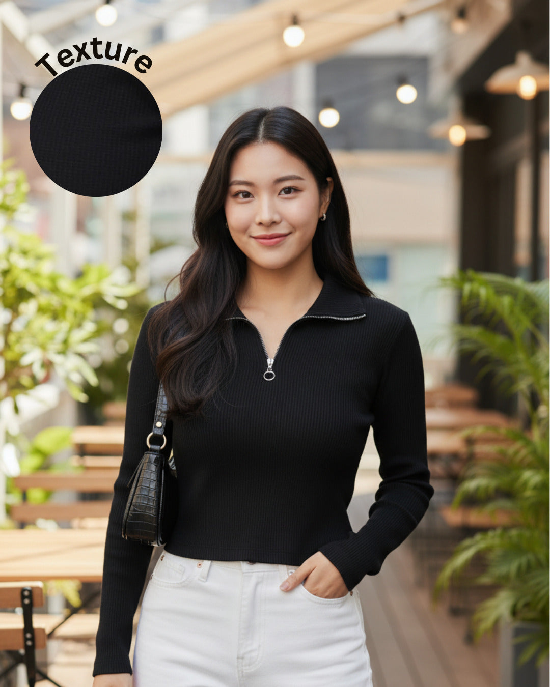 Women Textured Black Zipper Mock Neck Crop Top