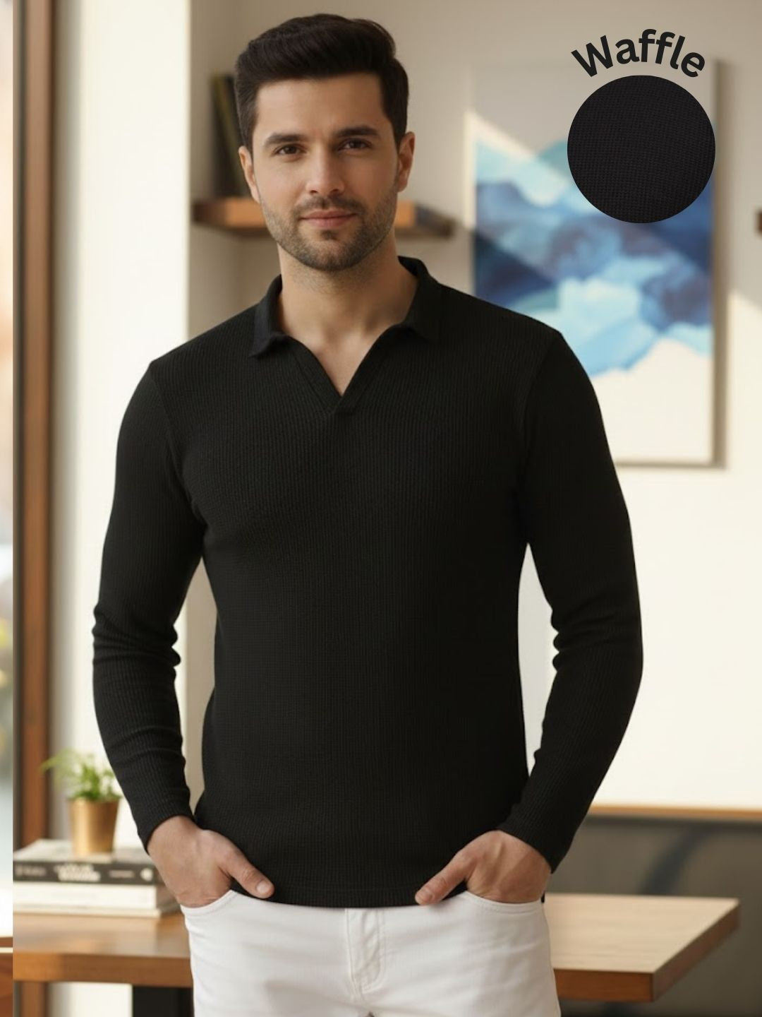 Men Solid Full Sleeves Casual Polo Black T-Shirt