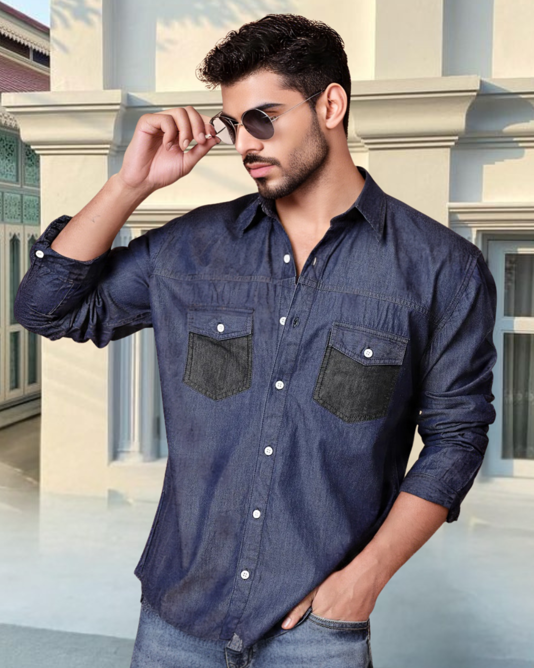 Men Blue Denim Cut Away Collar  Casual Shirt