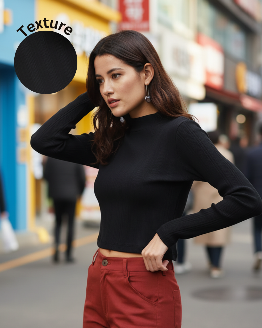Women Solid Black Full Sleeves Crop Top