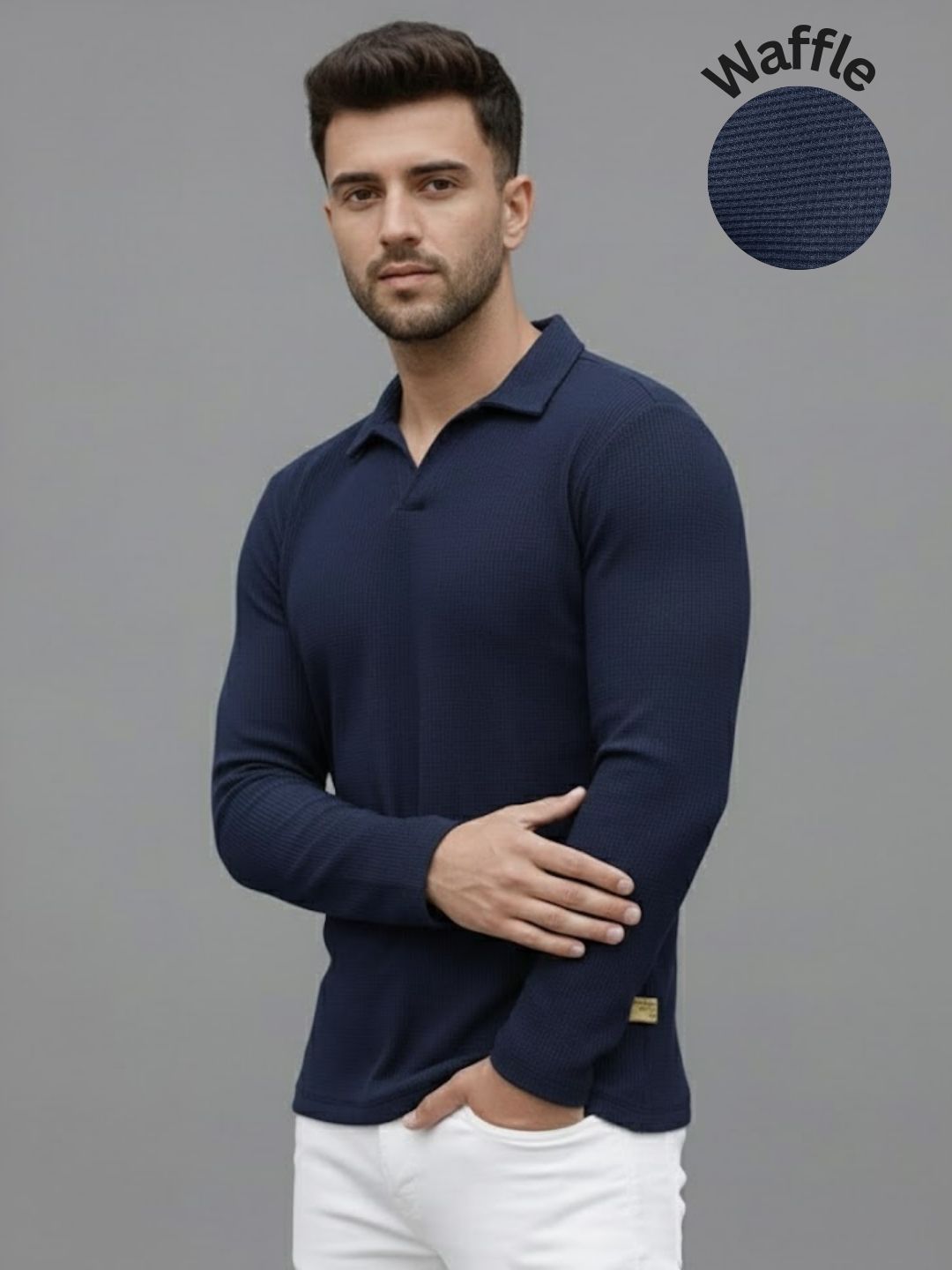Men Solid Full Sleeves Casual Polo Navy Blue T-Shirt