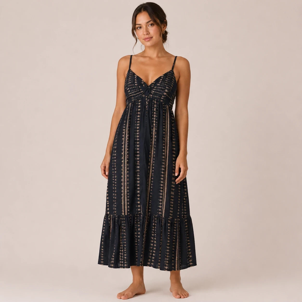 Black Printed Strappy Midi Dress