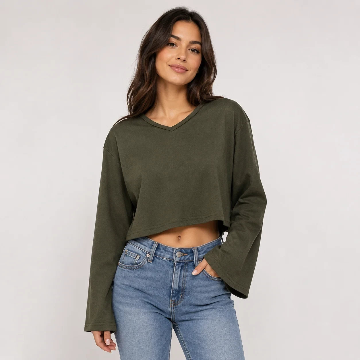 Olive Green V-neck crop top