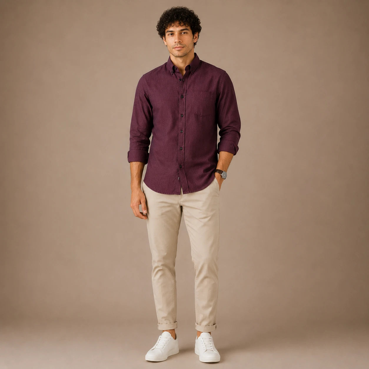 Rigo Mens Light Brown Solid Button Down Shirt