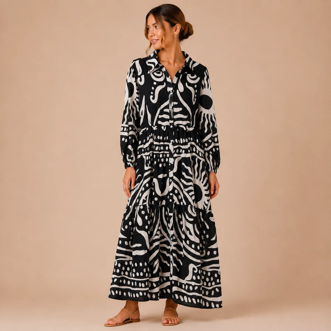 Monochrome Muse Printed Maxi Dress
