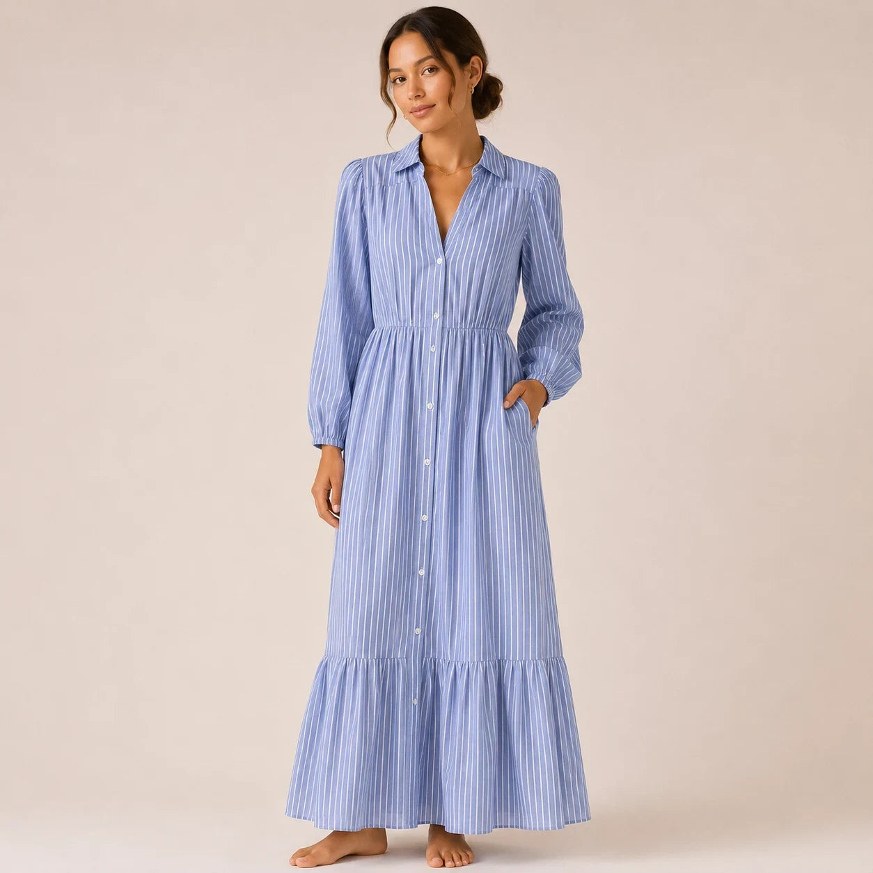 Blue Striped Button-Down Maxi Dress