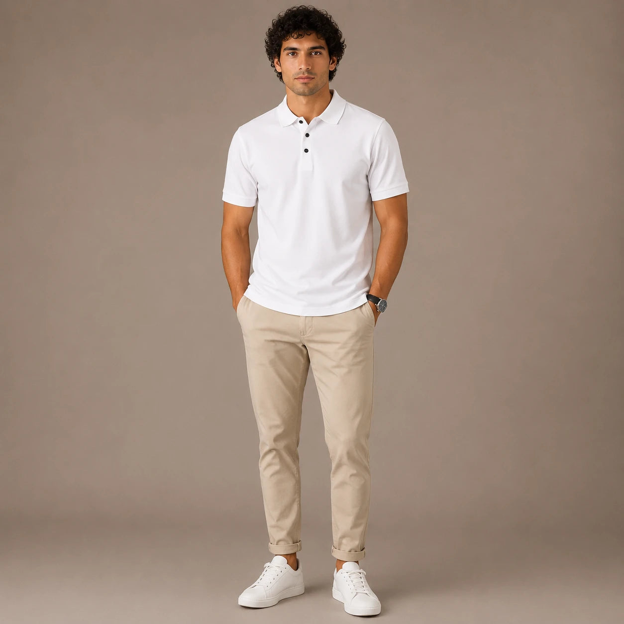 Rigo Mens Solid White Polo With Contrast Buttons