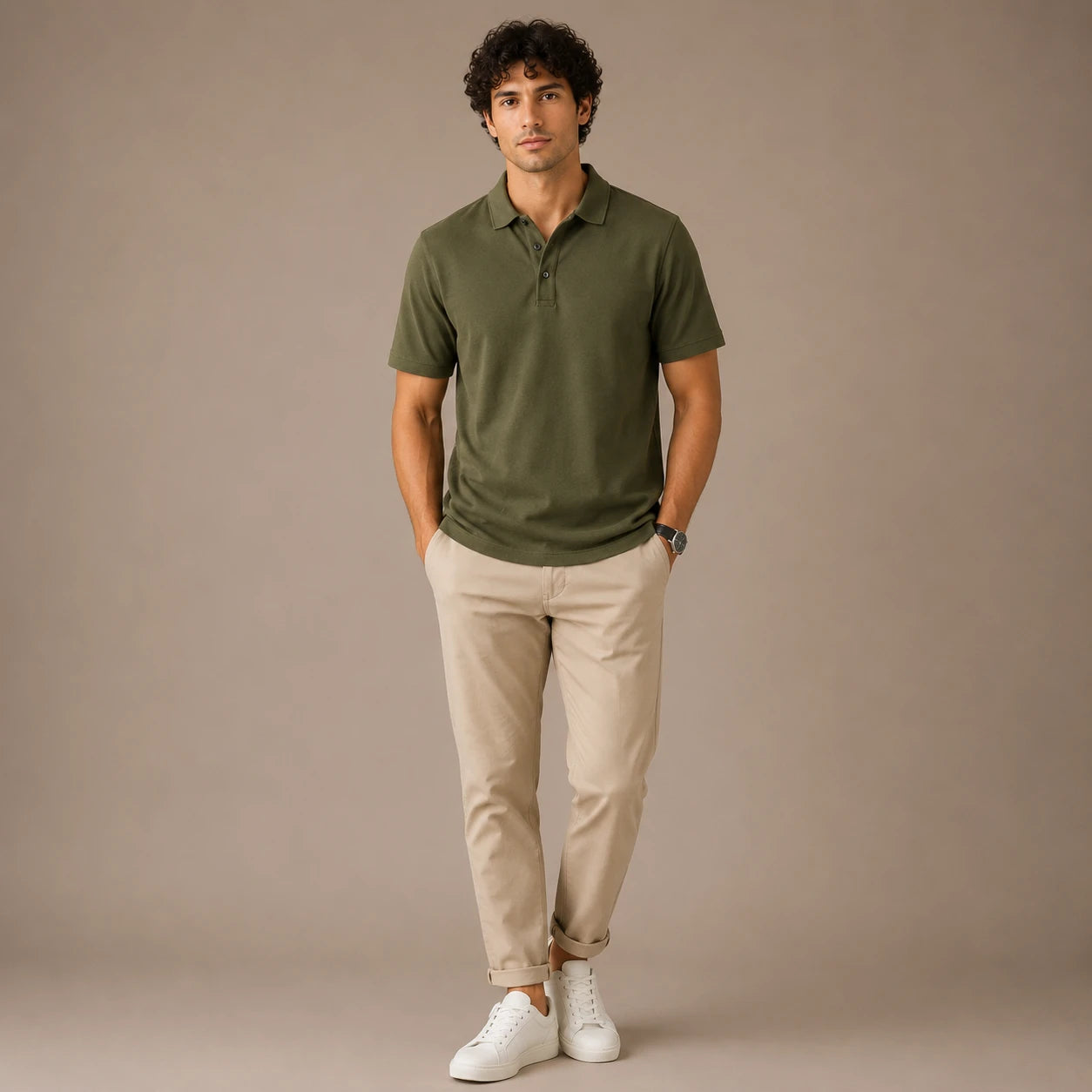 Rigo Mens Solid Army Green Polo With Contrast Buttons
